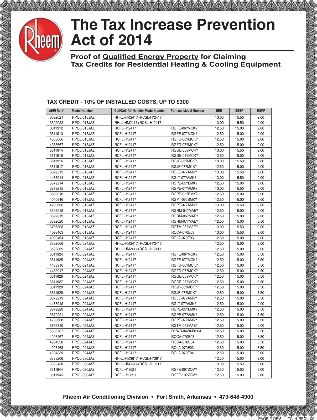 Page 2 of 5 - Rheem Rheem-Classic-Series-Single-Stage-Tax-Credit-Form- TC-RPQL-04  Rheem-classic-series-single-stage-tax-credit-form