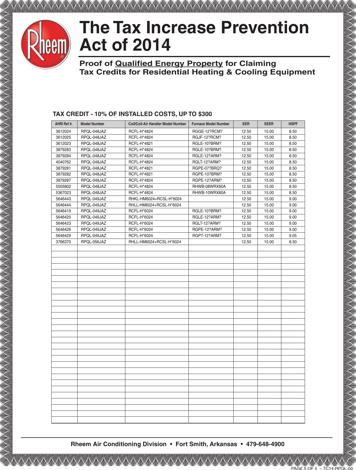 Page 5 of 5 - Rheem Rheem-Classic-Series-Single-Stage-Tax-Credit-Form- TC-RPQL-04  Rheem-classic-series-single-stage-tax-credit-form