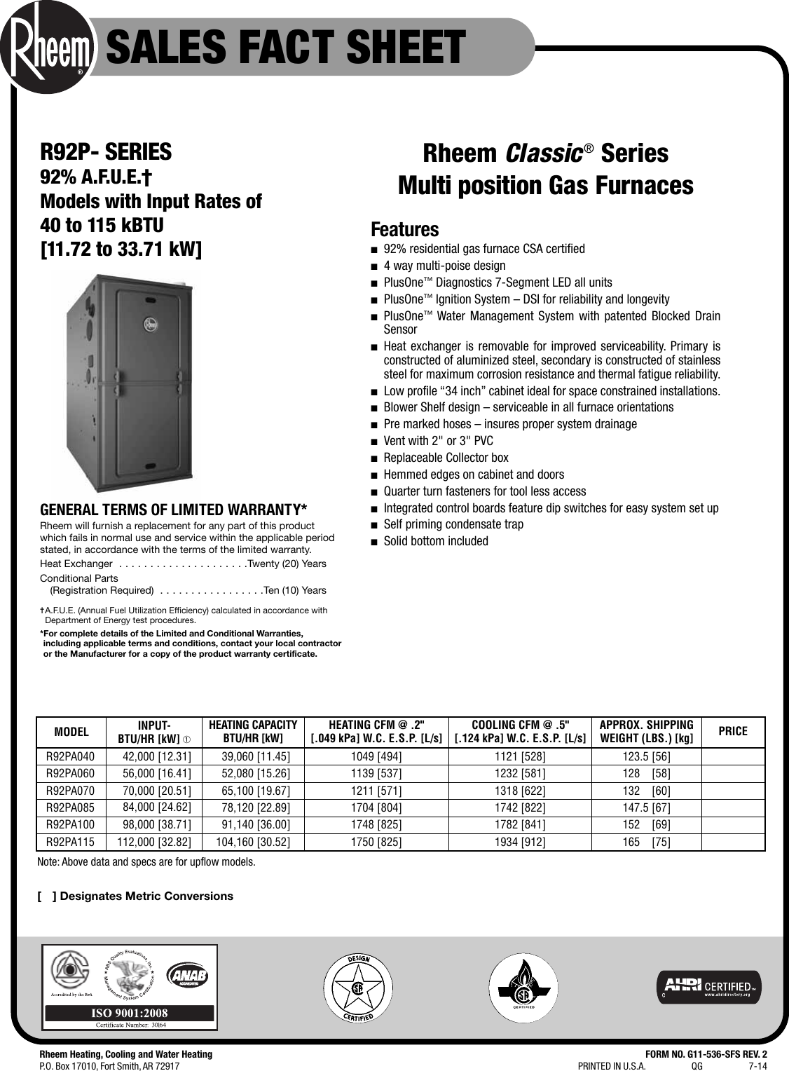 Page 1 of 2 - Rheem Rheem-Classic-Series-Up-To-92-Afue-Psc-Motor-Multi-Position-Sales-Fact-Sheet-  Rheem-classic-series-up-to-92-afue-psc-motor-multi-position-sales-fact-sheet