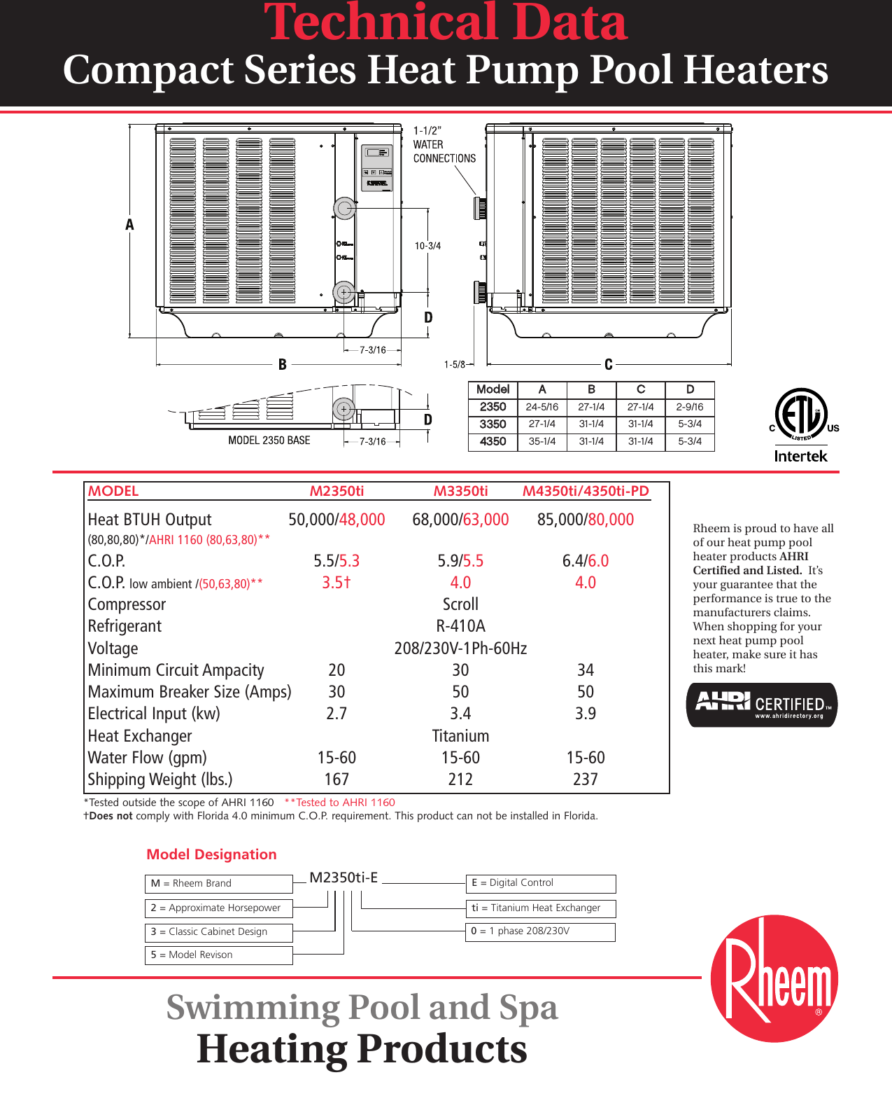 Rheem Compact Heat Pump Pool Heaters Product Data MKG 15 1515 HP Tech