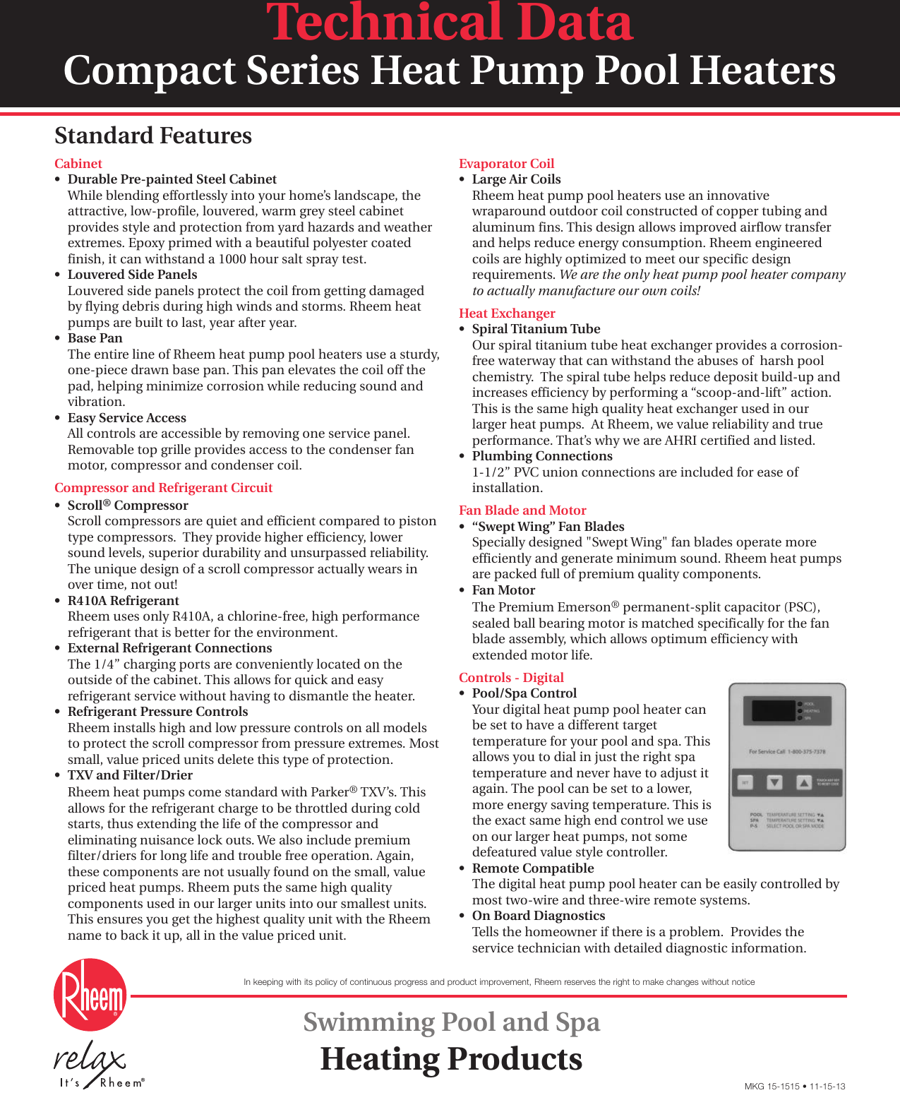 Rheem Compact Heat Pump Pool Heaters Product Data MKG 15 1515 HP Tech