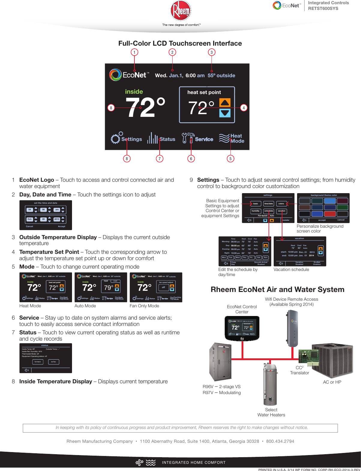 Rheem Control Center Specification Sheet