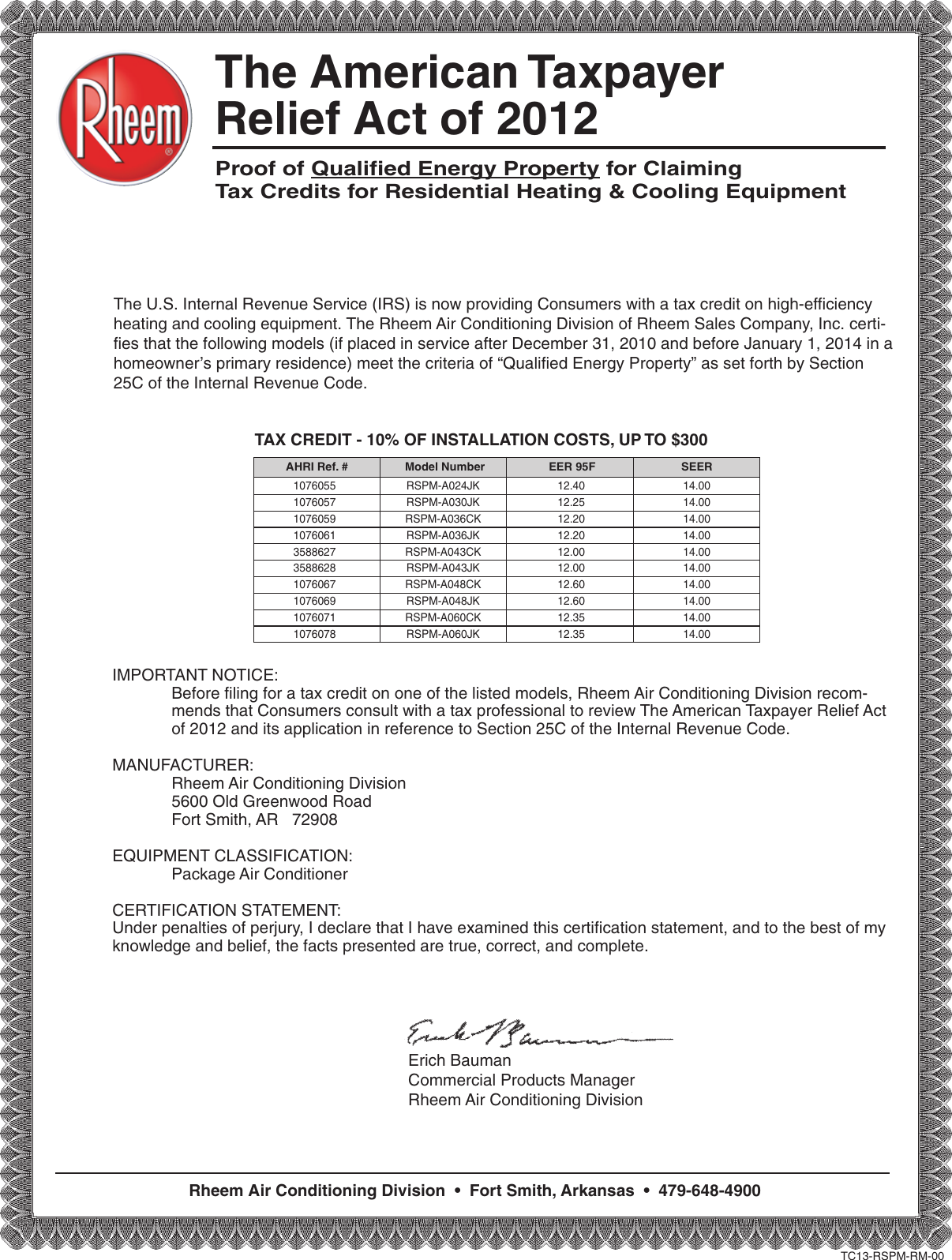 Rheem Package Dedicated Horizontal A C Tax Credit Form RHE TC13 RSPM RM 00