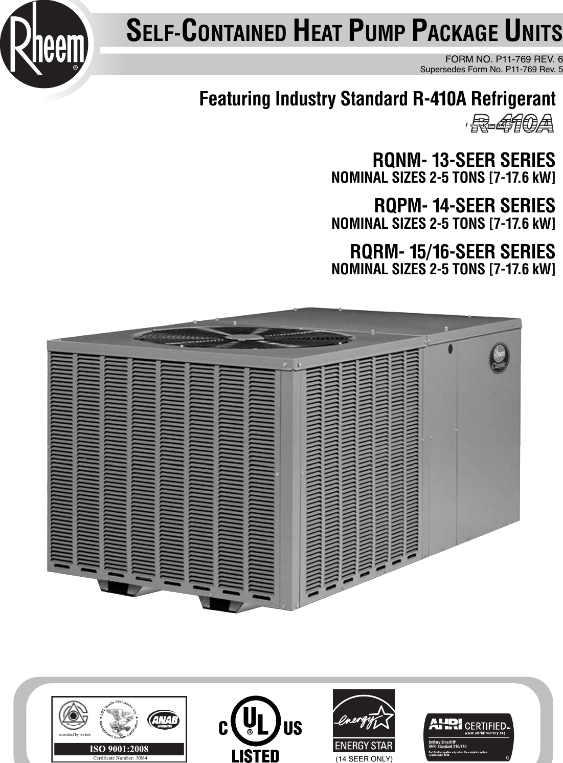 Rheem Package Dedicated Horizontal Heat Pump Specification Sheet