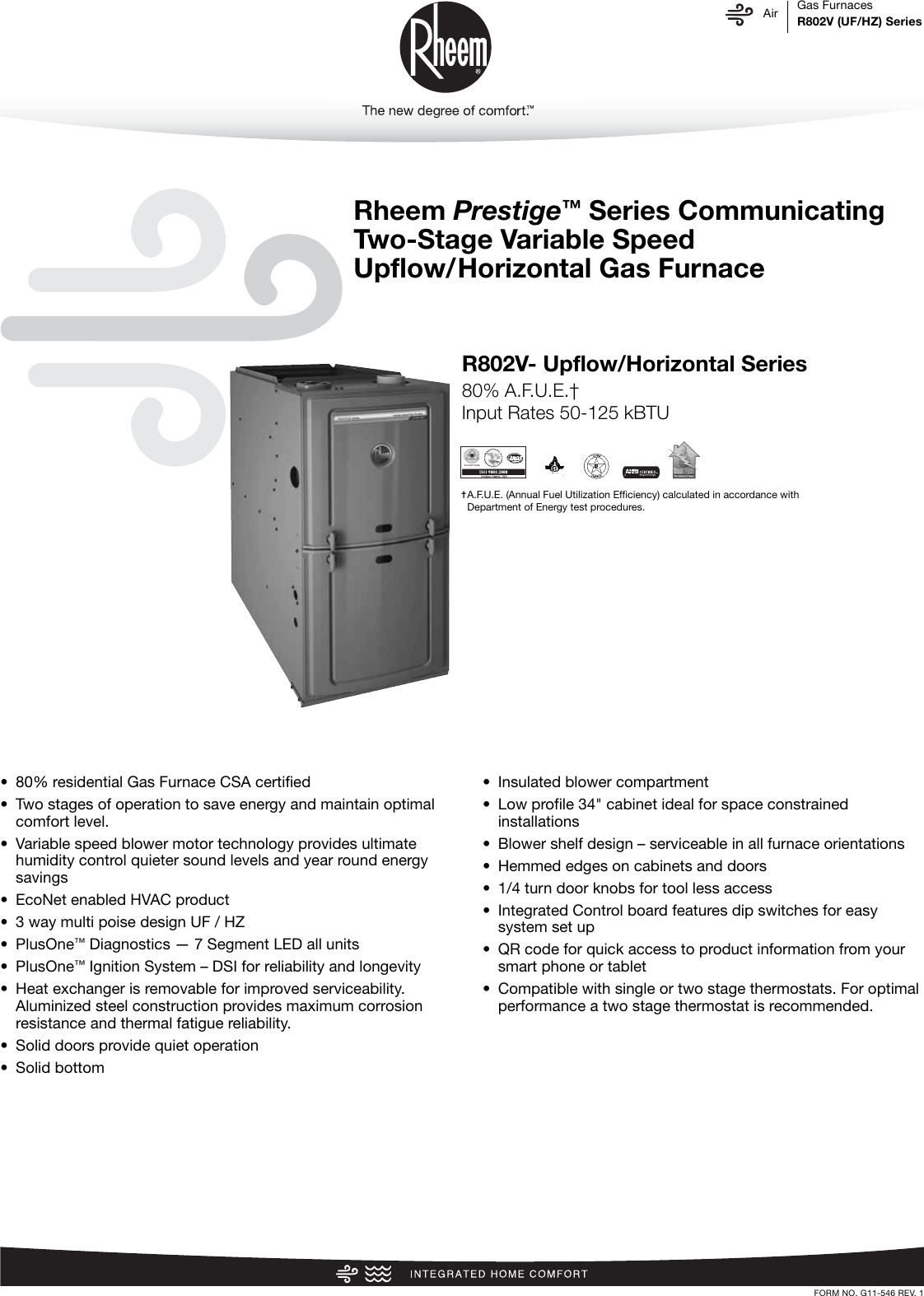 Page 1 of 12 - Rheem Rheem-Prestige-Series-Up-To-80-Afue-Variable-Speed-Upflow-Horizontal-Specification-Sheet-  Rheem-prestige-series-up-to-80-afue-variable-speed-upflow-horizontal-specification-sheet