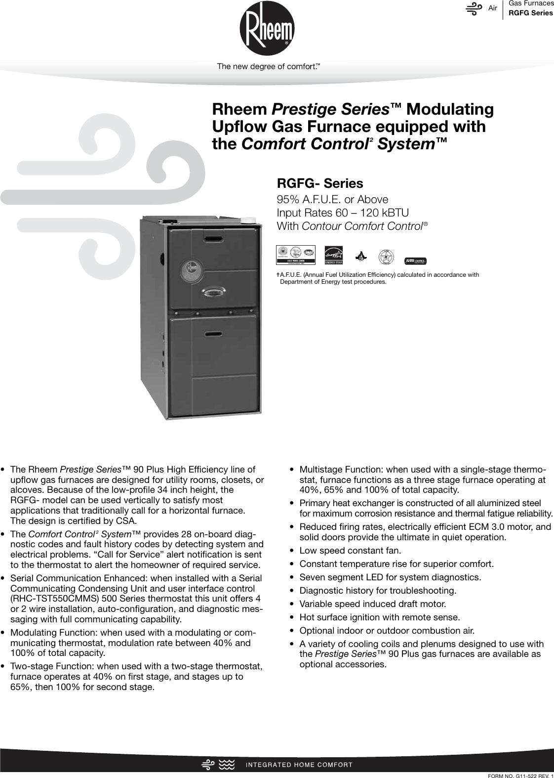 Page 1 of 12 - Rheem Rheem-Prestige-Series-Up-To-96-Afue-Modulating-Ecm-Motor-Specification-Sheet-  Rheem-prestige-series-up-to-96-afue-modulating-ecm-motor-specification-sheet