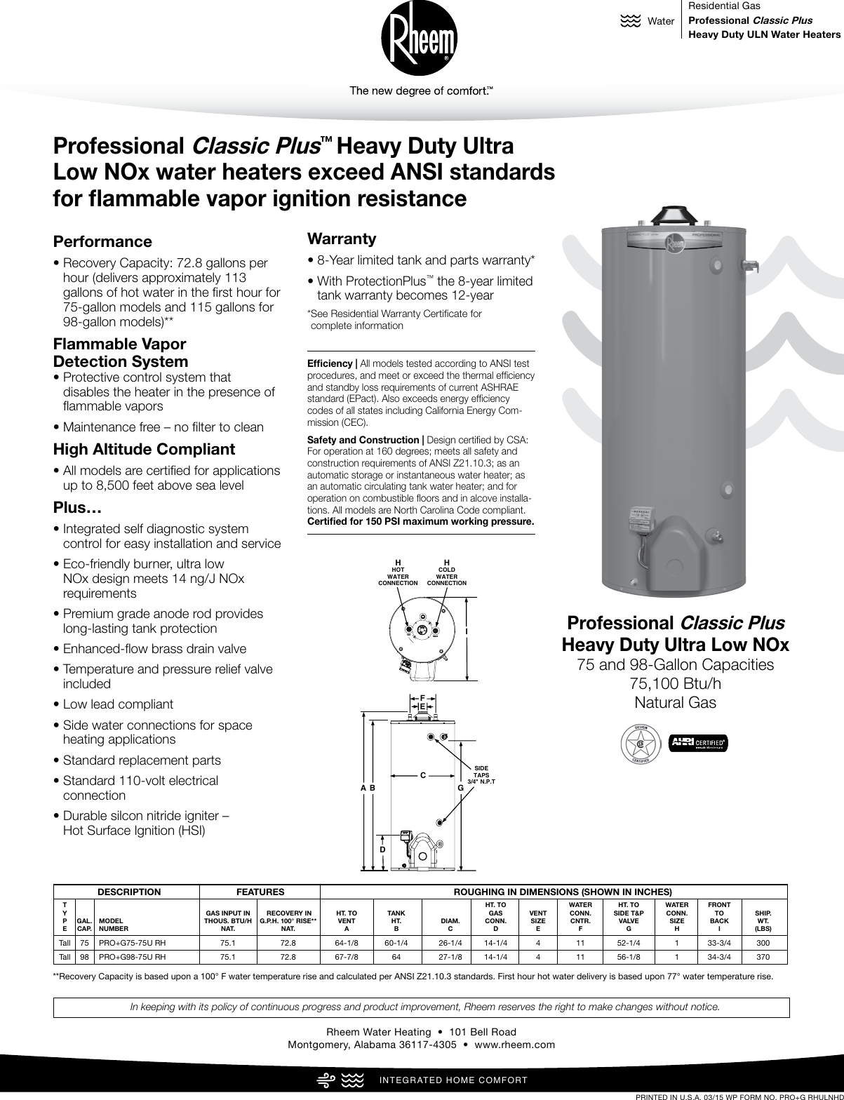 Page 1 of 1 - Rheem Rheem-Professional-Classic-Plus-Series-Heavy-Duty-Ultra-Low-Nox-Atmospheric-Specification-Sheet-  Rheem-professional-classic-plus-series-heavy-duty-ultra-low-nox-atmospheric-specification-sheet