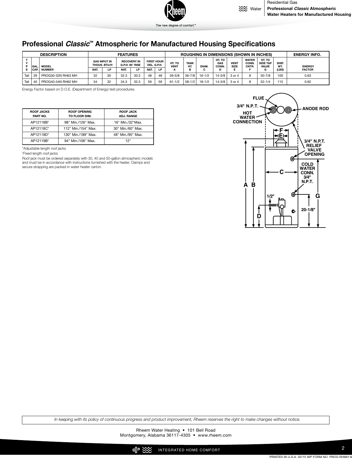 Page 2 of 2 - Rheem Rheem-Professional-Classic-Series-Atmospheric-For-Manufactured-Housing-Specification-Sheet-  Rheem-professional-classic-series-atmospheric-for-manufactured-housing-specification-sheet