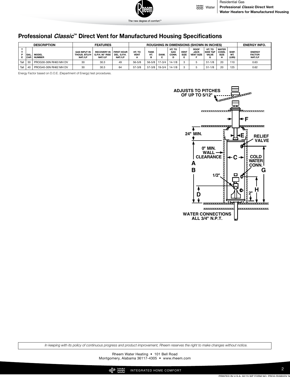 Page 2 of 2 - Rheem Rheem-Professional-Classic-Series-Direct-Vent-For-Manufactured-Housing-Specification-Sheet-  Rheem-professional-classic-series-direct-vent-for-manufactured-housing-specification-sheet