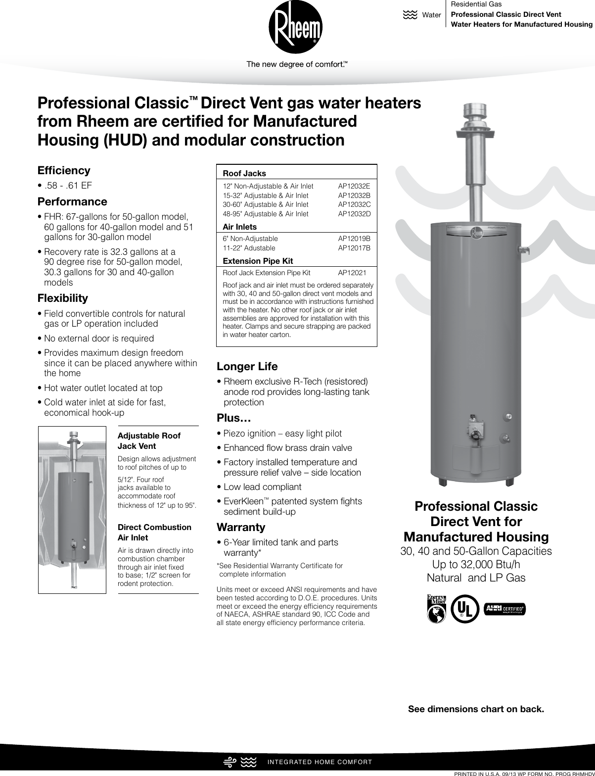 Page 1 of 2 - Rheem Rheem-Professional-Classic-Series-Direct-Vent-For-Manufactured-Housing-Specification-Sheet-  Rheem-professional-classic-series-direct-vent-for-manufactured-housing-specification-sheet