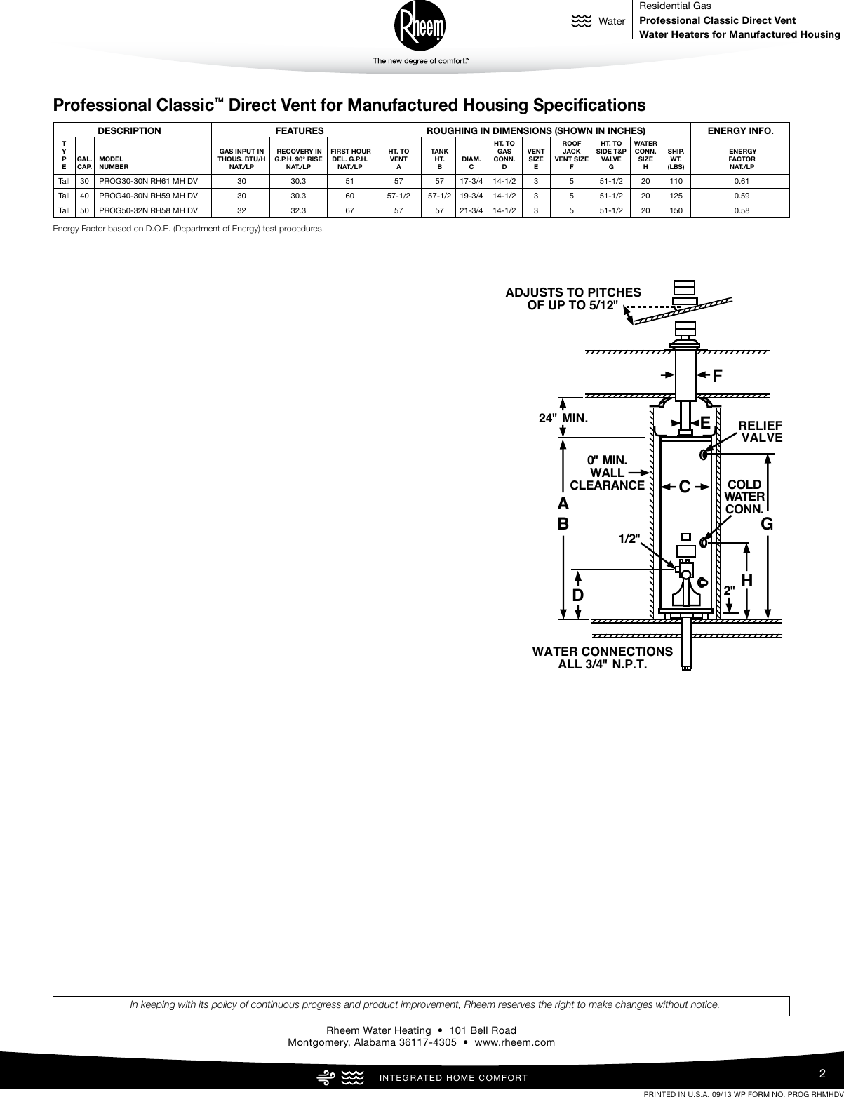 Page 2 of 2 - Rheem Rheem-Professional-Classic-Series-Direct-Vent-For-Manufactured-Housing-Specification-Sheet-  Rheem-professional-classic-series-direct-vent-for-manufactured-housing-specification-sheet