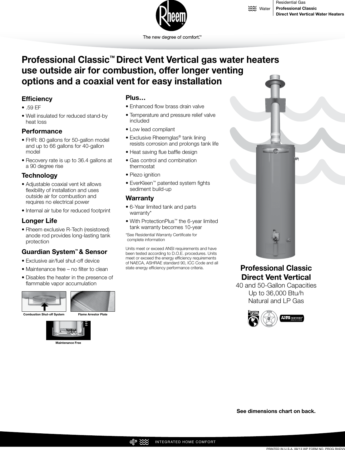 Rheem Professional Classic Series Direct Vent Vertical Option Specification  Sheet