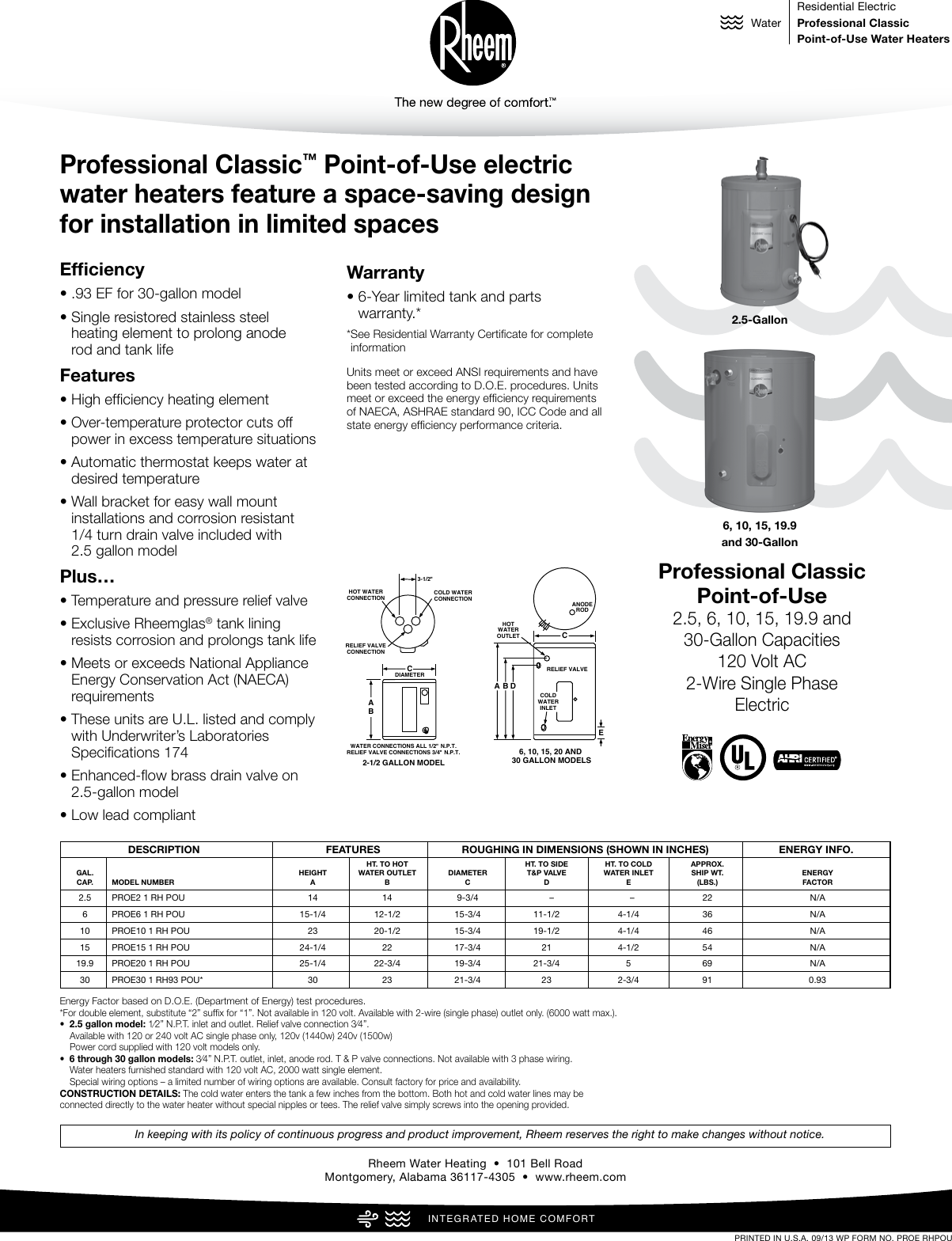 Page 1 of 1 - Rheem Rheem-Professional-Classic-Series-Point-Of-Use-Specification-Sheet-  Rheem-professional-classic-series-point-of-use-specification-sheet