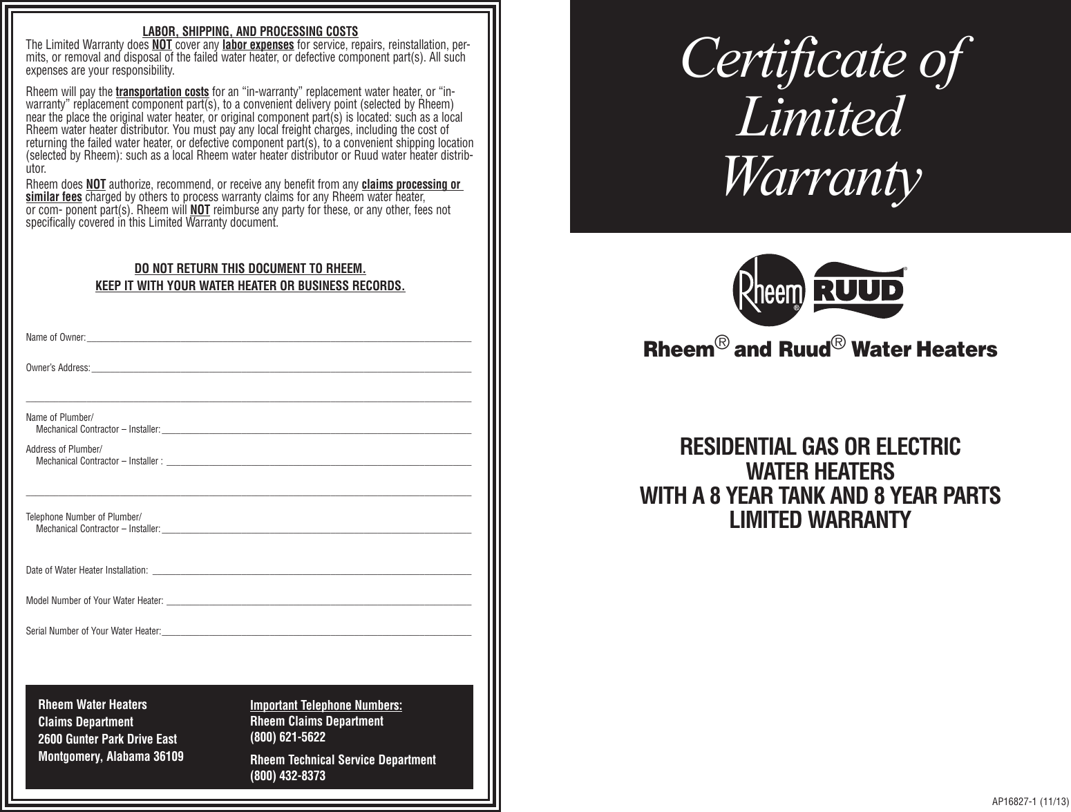 Page 1 of 2 - Rheem Rheem-Professional-Classic-Series-Powered-Damper-Warranty-Information- AP16827-1  Rheem-professional-classic-series-powered-damper-warranty-information