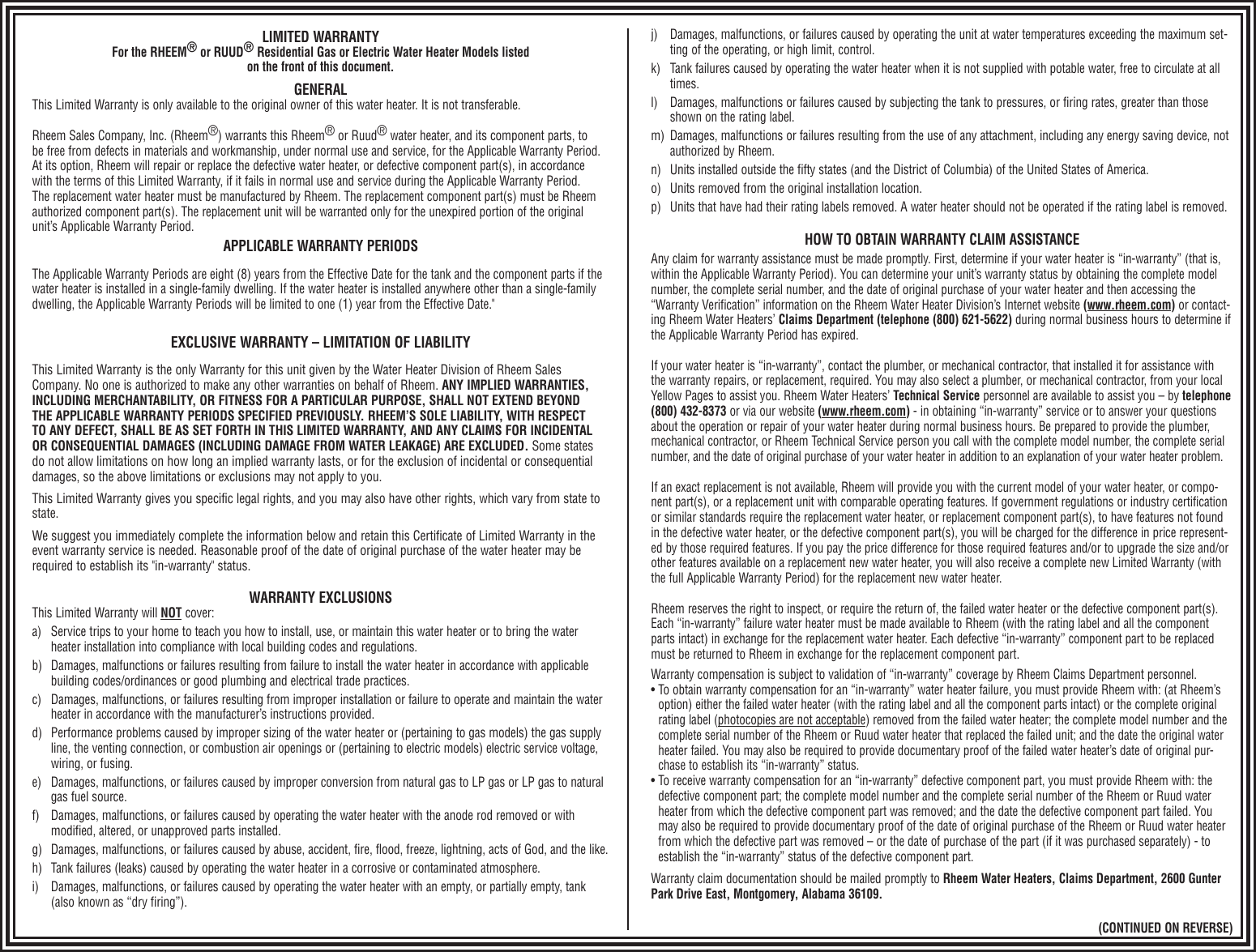 Page 2 of 2 - Rheem Rheem-Professional-Classic-Series-Powered-Damper-Warranty-Information- AP16827-1  Rheem-professional-classic-series-powered-damper-warranty-information