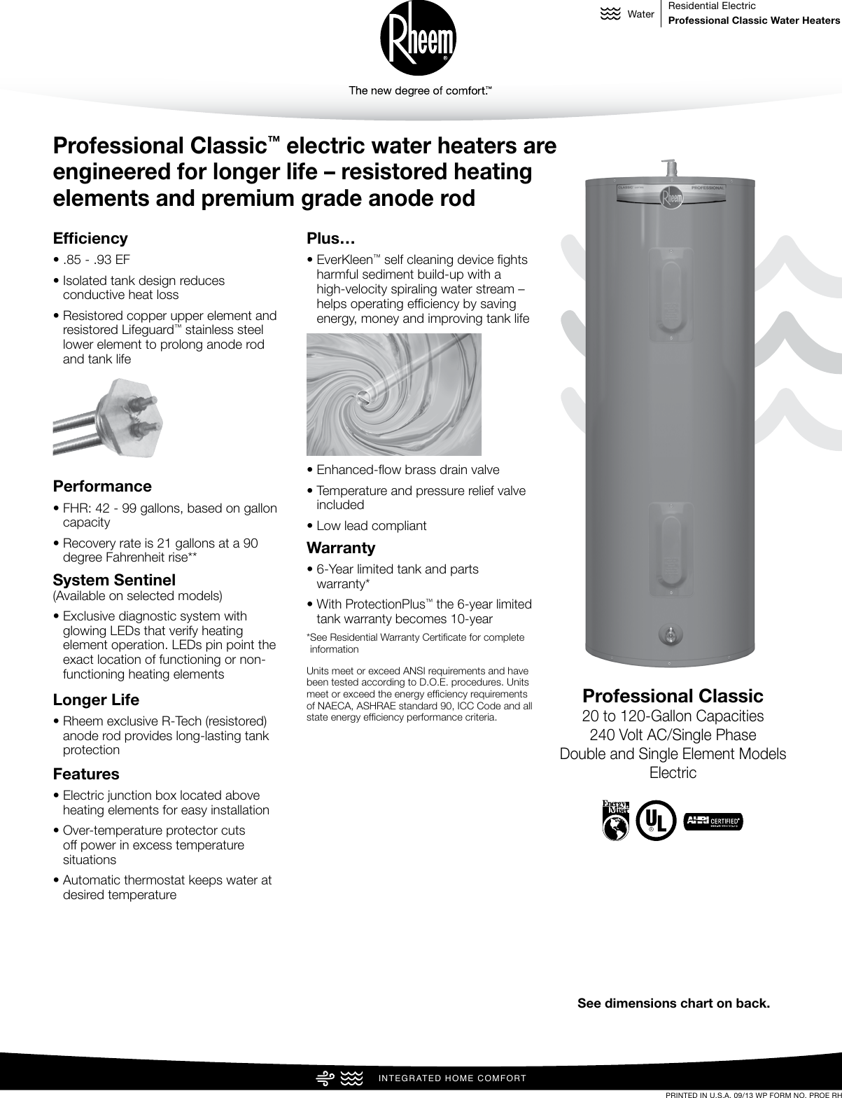 Rheem Professional Classic Series Standard Electric Specification Sheet