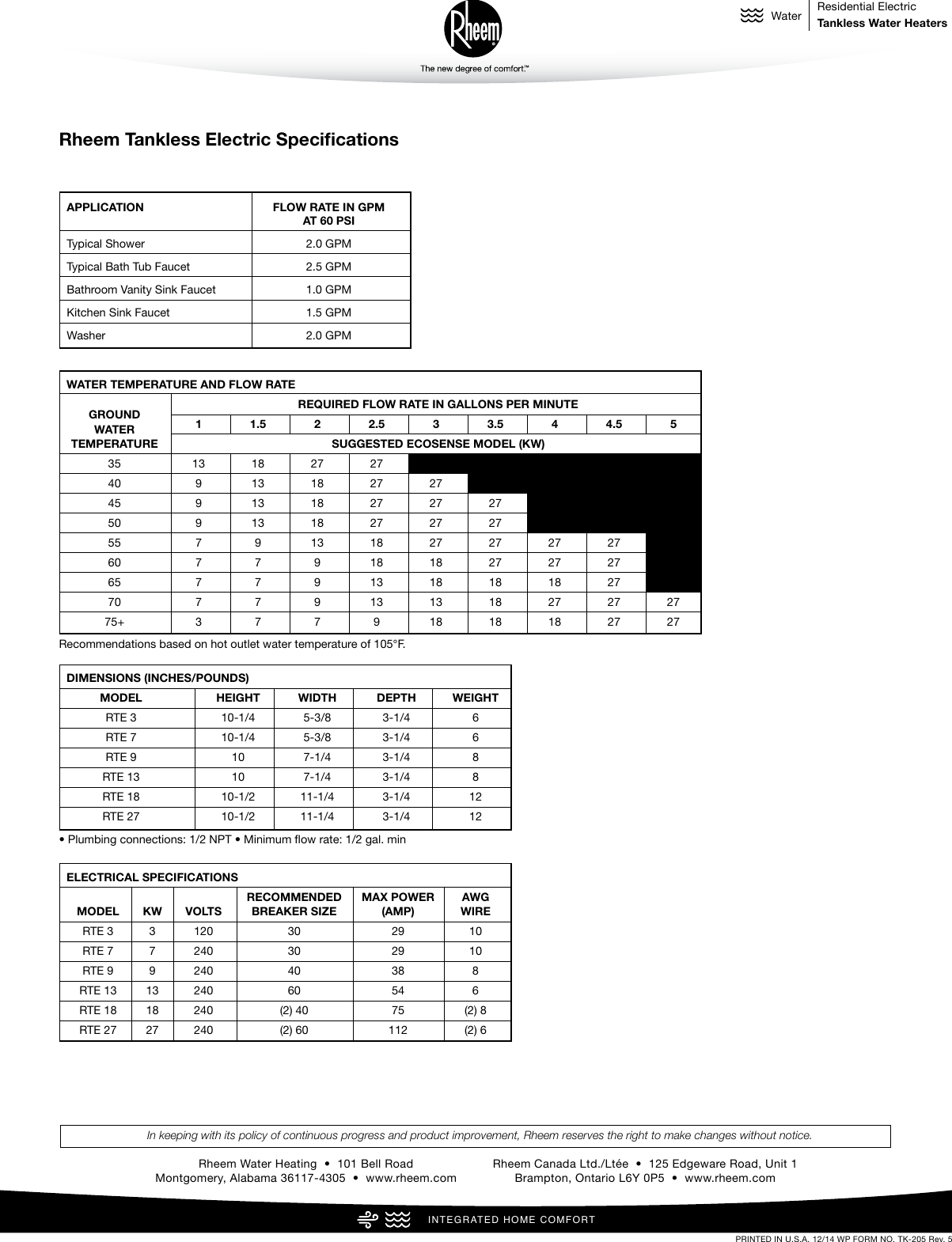 Page 2 of 2 - Rheem Rheem-Tankless-Electric-Rte-18-Specification-Sheet-  Rheem-tankless-electric-rte-18-specification-sheet