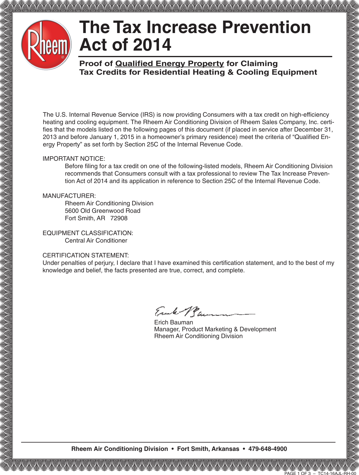 Rheem Value Series 2 Stage Tax Credit Form TC13 16AJL RH 00