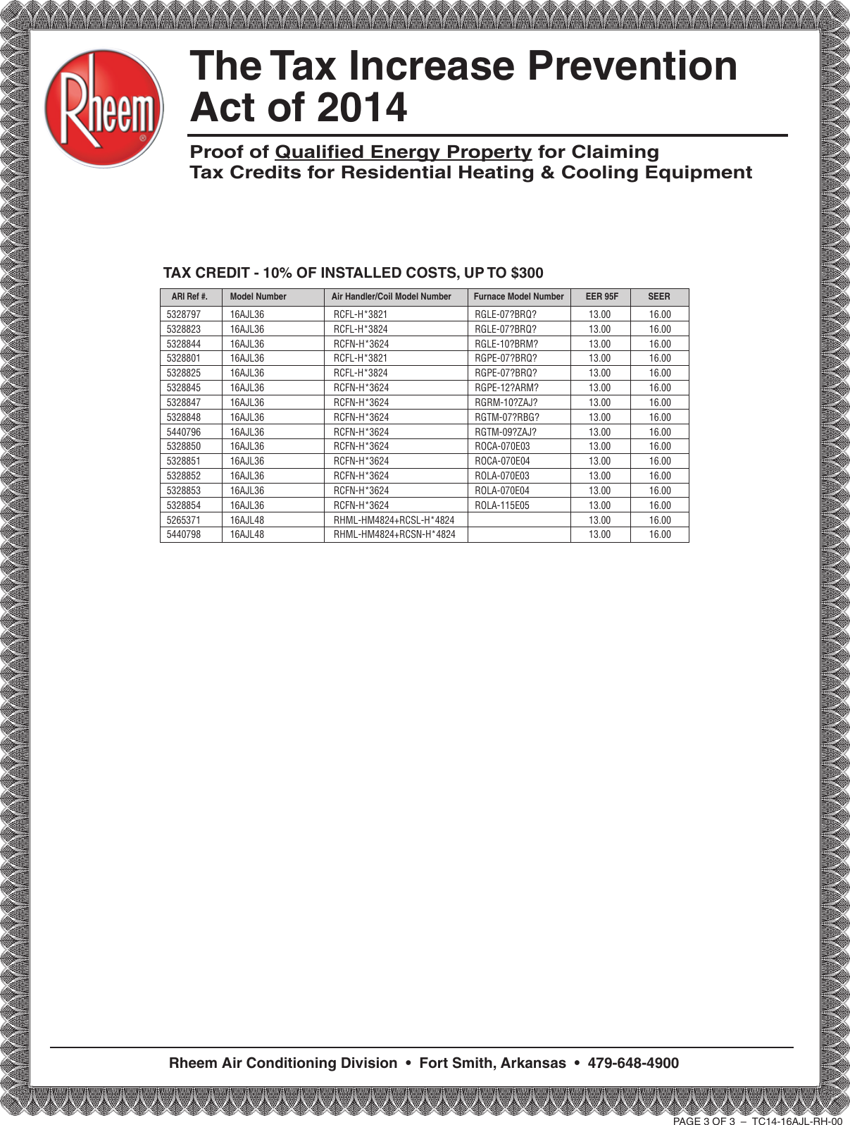 Rheem Value Series 2 Stage Tax Credit Form TC13 16AJL RH 00