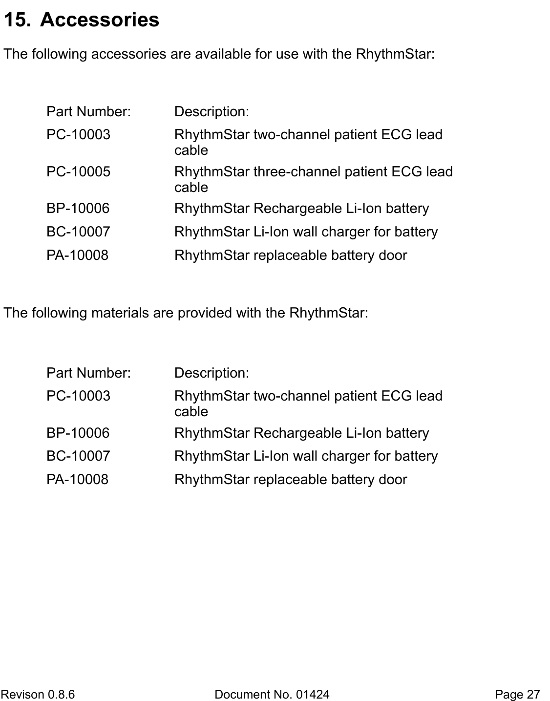  Revison 0.8.6  Document No. 01424   Page 27 15.  Accessories  The following accessories are available for use with the RhythmStar: The following materials are provided with the RhythmStar: Part Number:   Description:  PC-10003  RhythmStar two-channel patient ECG lead cable PC-10005  RhythmStar three-channel patient ECG lead cable BP-10006  RhythmStar Rechargeable Li-Ion battery BC-10007  RhythmStar Li-Ion wall charger for battery PA-10008  RhythmStar replaceable battery door Part Number:   Description:  PC-10003  RhythmStar two-channel patient ECG lead cable BP-10006  RhythmStar Rechargeable Li-Ion battery BC-10007  RhythmStar Li-Ion wall charger for battery PA-10008  RhythmStar replaceable battery door 