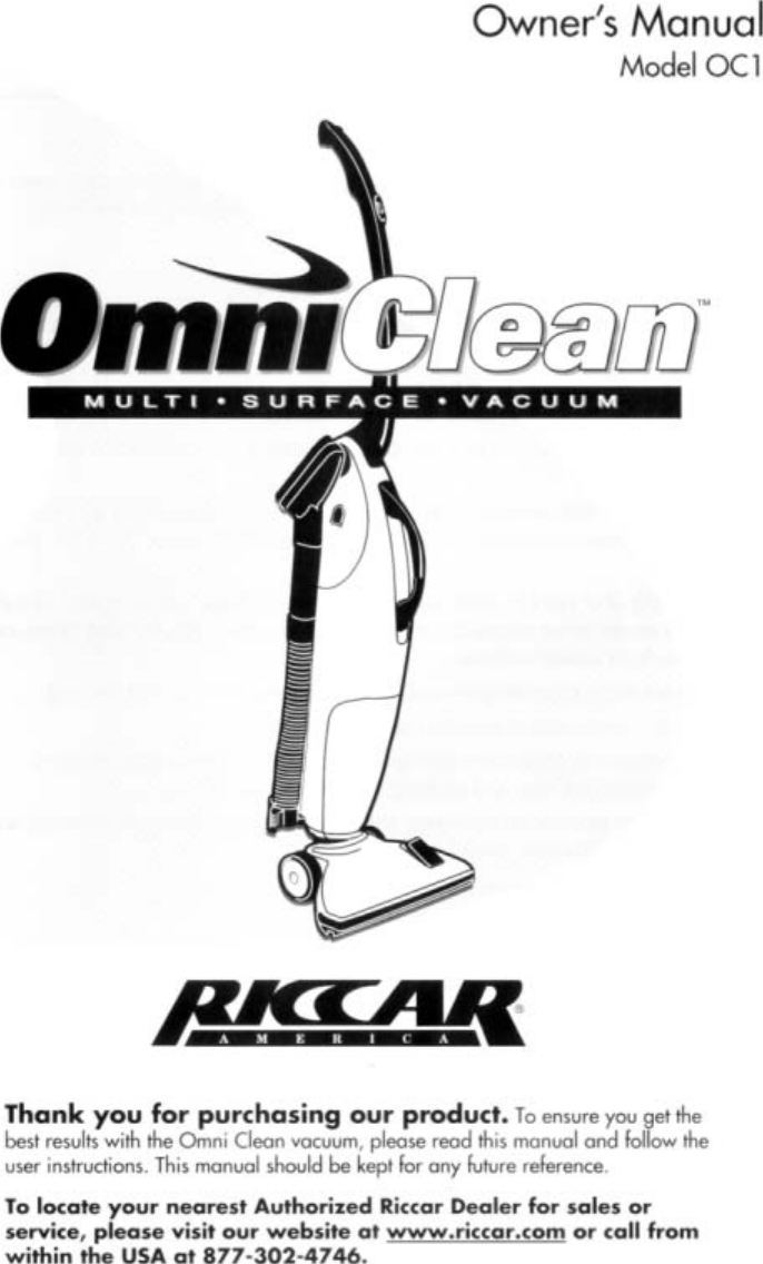 Riccar Omniclean Oc1 Users Manual