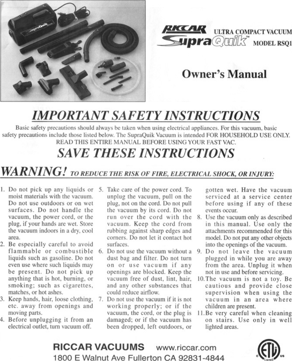 Page 1 of 4 - Riccar Riccar-Supraquik-Rsq1-Users-Manual-  Riccar-supraquik-rsq1-users-manual