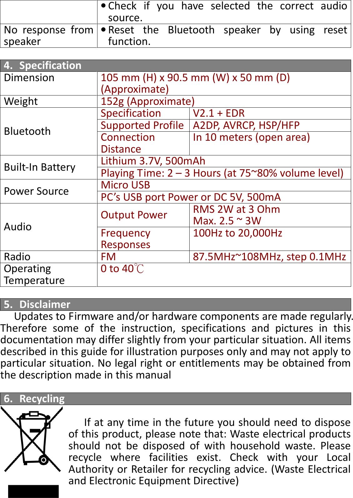 BTS-05 TCH Module User Manual 20150408 V1.2 • Check  if  you  have  selected  the  correct  audio source. No  response  from speaker • Reset the Bluetooth speaker  by using  reset function.   4. Specification Dimension 105 mm (H) x 90.5 mm (W) x 50 mm (D) (Approximate) Weight 152g (Approximate) Bluetooth Specification V2.1 + EDR Supported Profile A2DP, AVRCP, HSP/HFP Connection Distance In 10 meters (open area) Built-In Battery Lithium 3.7V, 500mAh  Playing Time: 2 – 3 Hours (at 75~80% volume level) Power Source Micro USB PC’s USB port Power or DC 5V, 500mA Audio Output Power RMS 2W at 3 Ohm Max. 2.5 ~ 3W Frequency Responses  100Hz to 20,000Hz Radio FM 87.5MHz~108MHz, step 0.1MHz Operating Temperature 0 to 40℃  5. Disclaimer Updates to Firmware and/or hardware components are made regularly. Therefore  some  of  the  instruction,  specifications  and  pictures  in  this documentation may differ slightly from your particular situation. All items described in this guide for illustration purposes only and may not apply to particular situation. No legal right or entitlements may be obtained from the description made in this manual  6. Recycling  If at any time in the future you should need to dispose of this product, please note that: Waste electrical products should  not  be  disposed  of  with  household  waste.  Please recycle  where  facilities  exist.  Check  with  your  Local Authority or Retailer for recycling advice. (Waste Electrical and Electronic Equipment Directive)  