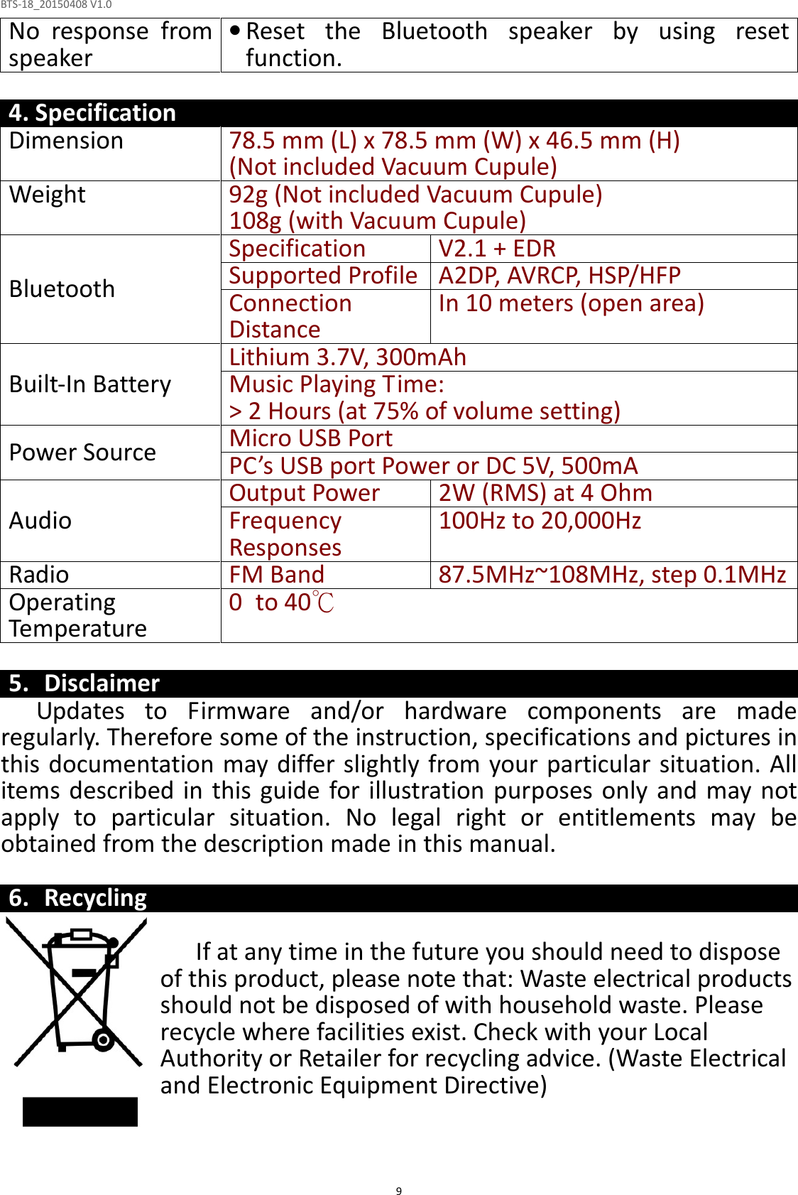 BTS-18_20150408 V1.0  9No  response  from speaker • Reset the Bluetooth speaker  by using  reset function.  4. Specification Dimension 78.5 mm (L) x 78.5 mm (W) x 46.5 mm (H) (Not included Vacuum Cupule) Weight 92g (Not included Vacuum Cupule) 108g (with Vacuum Cupule) Bluetooth Specification V2.1 + EDR Supported Profile A2DP, AVRCP, HSP/HFP Connection Distance In 10 meters (open area) Built-In Battery Lithium 3.7V, 300mAh Music Playing Time:  &gt; 2 Hours (at 75% of volume setting) Power Source Micro USB Port  PC’s USB port Power or DC 5V, 500mA Audio Output Power 2W (RMS) at 4 Ohm Frequency Responses  100Hz to 20,000Hz Radio FM Band 87.5MHz~108MHz, step 0.1MHz Operating Temperature 0 to 40℃  5. Disclaimer Updates  to  Firmware  and/or  hardware  components  are  made regularly. Therefore some of the instruction, specifications and pictures in this documentation may differ slightly from your particular situation. All items  described in this  guide for illustration purposes only and may not apply  to  particular  situation.  No  legal  right  or  entitlements  may  be obtained from the description made in this manual.  6. Recycling  If at any time in the future you should need to dispose of this product, please note that: Waste electrical products should not be disposed of with household waste. Please recycle where facilities exist. Check with your Local Authority or Retailer for recycling advice. (Waste Electrical and Electronic Equipment Directive)   