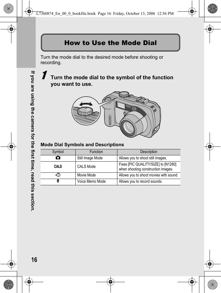 16If you are using the camera for the first time, read this section.Turn the mode dial to the desired mode before shooting or recording.1Turn the mode dial to the symbol of the function you want to use.Mode Dial Symbols and DescriptionsSymbol Function Description5Still Image Mode Allows you to shoot still images.KCALS Mode Fixes [PIC QUALITY/SIZE] to [N1280] when shooting construction images.3Movie Mode Allows you to shoot movies with sound.2Voice Memo Mode Allows you to record sounds.How to Use the Mode DialCALSL7360874_En_00_0_bookfile.book  Page 16  Friday, October 13, 2006  12:56 PM