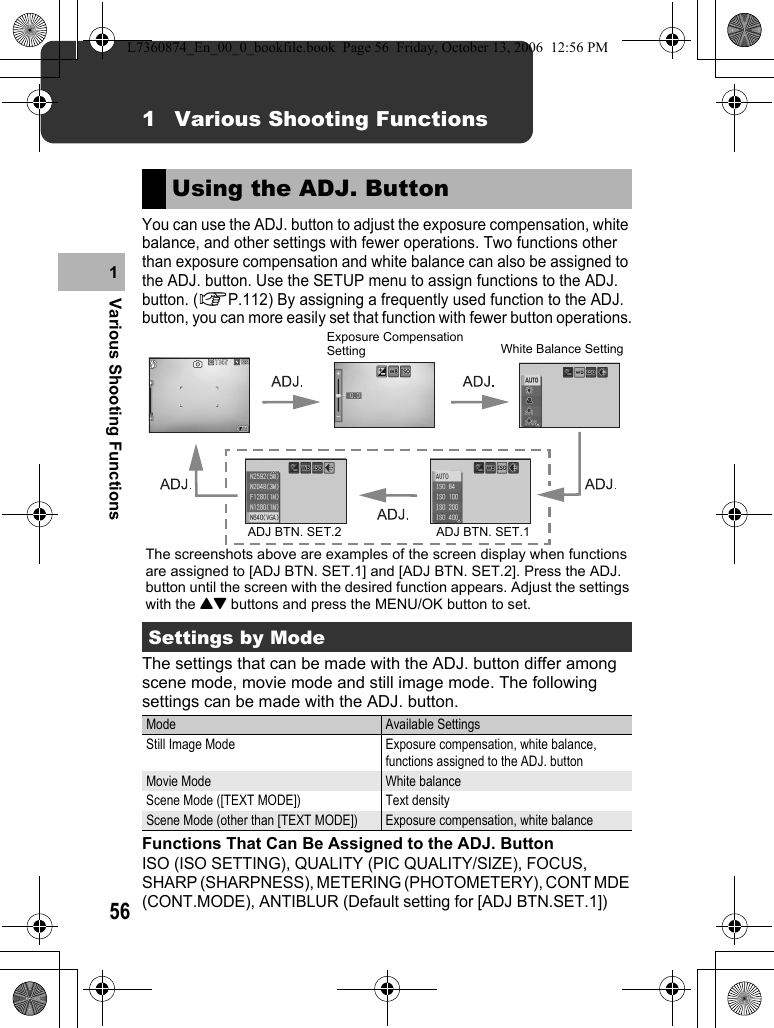56Various Shooting Functions11 Various Shooting FunctionsYou can use the ADJ. button to adjust the exposure compensation, white balance, and other settings with fewer operations. Two functions other than exposure compensation and white balance can also be assigned to the ADJ. button. Use the SETUP menu to assign functions to the ADJ. button. (GP.112) By assigning a frequently used function to the ADJ. button, you can more easily set that function with fewer button operations.The settings that can be made with the ADJ. button differ among scene mode, movie mode and still image mode. The following settings can be made with the ADJ. button.Functions That Can Be Assigned to the ADJ. ButtonISO (ISO SETTING), QUALITY (PIC QUALITY/SIZE), FOCUS, SHARP (SHARPNESS), METERING (PHOTOMETERY), CONT MDE (CONT.MODE), ANTIBLUR (Default setting for [ADJ BTN.SET.1])Using the ADJ. ButtonSettings by ModeMode Available SettingsStill Image Mode Exposure compensation, white balance, functions assigned to the ADJ. buttonMovie Mode White balanceScene Mode ([TEXT MODE]) Text densityScene Mode (other than [TEXT MODE]) Exposure compensation, white balanceThe screenshots above are examples of the screen display when functions are assigned to [ADJ BTN. SET.1] and [ADJ BTN. SET.2]. Press the ADJ. button until the screen with the desired function appears. Adjust the settings with the !&quot; buttons and press the MENU/OK button to set.Exposure Compensation Setting White Balance SettingADJ BTN. SET.2 ADJ BTN. SET.1L7360874_En_00_0_bookfile.book  Page 56  Friday, October 13, 2006  12:56 PM