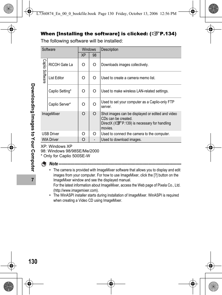 1307Downloading Images to Your ComputerWhen [Installing the software] is clicked: (GP.134)The following software will be installed:XP: Windows XP98: Windows 98/98SE/Me/2000* Only for Caplio 500SE-WNote ----------------------------------------------------------------------------------------------•The camera is provided with ImageMixer software that allows you to display and edit images from your computer. For how to use ImageMixer, click the [?] button on the ImageMixer window and see the displayed manual. For the latest information about ImageMixer, access the Web page of Pixela Co., Ltd. (http://www.imagemixer.com). •The WinASPI installer starts during installation of ImageMixer. WinASPI is required when creating a Video CD using ImageMixer.Software Windows DescriptionXP 98Caplio SoftwareRICOH Gate La OODownloads images collectively.List Editor  OOUsed to create a camera memo list.Caplio Setting* OOUsed to make wireless LAN-related settings.Caplio Server* OOUsed to set your computer as a Caplio-only FTP server.ImageMixer O O Shot images can be displayed or edited and video CDs can be created.DirectX (GP.139) is necessary for handling movies.USB Driver OOUsed to connect the camera to the computer.WIA Driver O-Used to download images.L7360874_En_00_0_bookfile.book  Page 130  Friday, October 13, 2006  12:56 PM