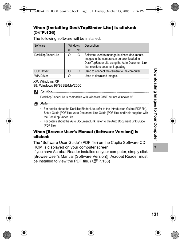 1317Downloading Images to Your ComputerWhen [Installing DeskTopBinder Lite] is clicked: (GP.136)The following software will be installed:XP: Windows XP98: Windows 98/98SE/Me/2000Caution------------------------------------------------------------------------------------------DeskTopBinder Lite is compatible with Windows 98SE but not Windows 98.Note ----------------------------------------------------------------------------------------------•For details about the DeskTopBinder Lite, refer to the Introduction Guide (PDF file), Setup Guide (PDF file), Auto Document Link Guide (PDF file), and Help supplied with the DeskTopBinder Lite.•For details about the Auto Document Link, refer to the Auto Document Link Guide (PDF file). When [Browse User’s Manual (Software Version)] is clicked:The “Software User Guide” (PDF file) on the Caplio Software CD-ROM is displayed on your computer screen.If you have Acrobat Reader installed on your computer, simply click [Browse User’s Manual (Software Version)]. Acrobat Reader must be installed to view the PDF file. (GP.138)Software Windows DescriptionXP 98DeskTopBinder Lite OOSoftware used to manage business documents.Images in the camera can be downloaded to DeskTopBinder Lite using the Auto Document Link that monitors document updating. USB Driver O O Used to connect the camera to the computer.WIA Driver O-Used to download images.L7360874_En_00_0_bookfile.book  Page 131  Friday, October 13, 2006  12:56 PM