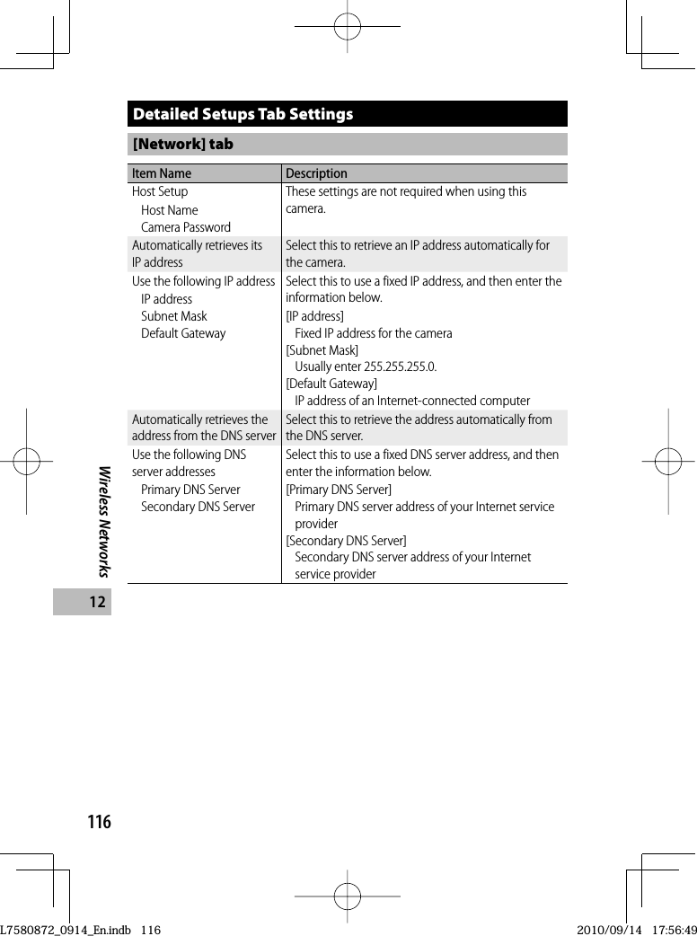 116Wireless Networks12Detailed Setups Tab Settings[Network] tabItem Name DescriptionHost SetupHost NameCamera PasswordThese settings are not required when using this camera.Automatically retrieves its IP addressSelect this to retrieve an IP address automatically for the camera.Use the following IP addressIP addressSubnet MaskDefault GatewaySelect this to use a fixed IP address, and then enter the information below.[IP address]Fixed IP address for the camera[Subnet Mask]Usually enter 255.255.255.0.[Default Gateway]IP address of an Internet-connected computerAutomatically retrieves the address from the DNS serverSelect this to retrieve the address automatically from the DNS server.Use the following DNS server addressesPrimary DNS ServerSecondary DNS ServerSelect this to use a fixed DNS server address, and then enter the information below.[Primary DNS Server]Primary DNS server address of your Internet service provider[Secondary DNS Server]Secondary DNS server address of your Internet service providerL7580872_0914_En.indb   116L7580872_0914_En.indb   1162010/09/14   17:56:492010/09/14   17:56:49