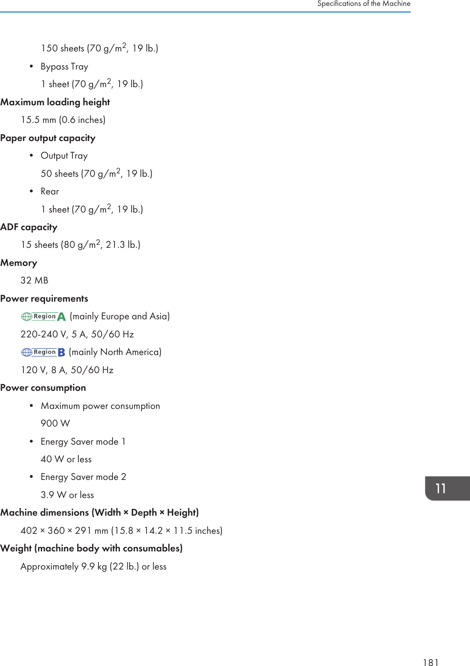 150 sheets (70 g/m2, 19 lb.)• Bypass Tray1 sheet (70 g/m2, 19 lb.)Maximum loading height15.5 mm (0.6 inches)Paper output capacity• Output Tray50 sheets (70 g/m2, 19 lb.)• Rear1 sheet (70 g/m2, 19 lb.)ADF capacity15 sheets (80 g/m2, 21.3 lb.)Memory32 MBPower requirements (mainly Europe and Asia)220-240 V, 5 A, 50/60 Hz (mainly North America)120 V, 8 A, 50/60 HzPower consumption• Maximum power consumption900 W• Energy Saver mode 140 W or less• Energy Saver mode 23.9 W or lessMachine dimensions (Width × Depth × Height)402 × 360 × 291 mm (15.8 × 14.2 × 11.5 inches)Weight (machine body with consumables)Approximately 9.9 kg (22 lb.) or lessSpecifications of the Machine181
