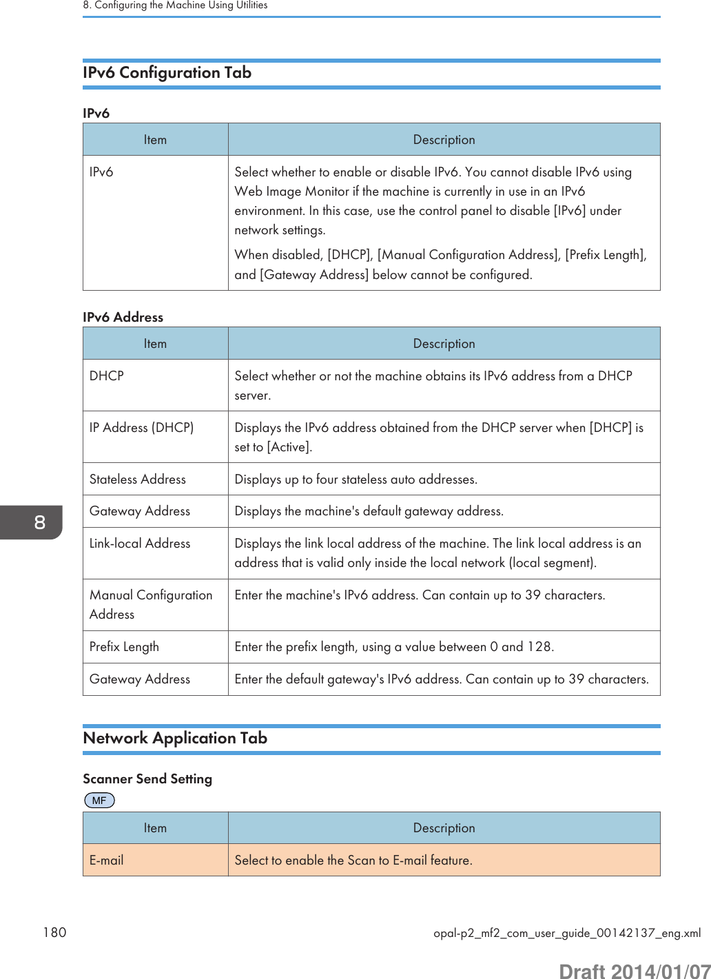 IPv6 Configuration TabIPv6Item DescriptionIPv6 Select whether to enable or disable IPv6. You cannot disable IPv6 usingWeb Image Monitor if the machine is currently in use in an IPv6environment. In this case, use the control panel to disable [IPv6] undernetwork settings.When disabled, [DHCP], [Manual Configuration Address], [Prefix Length],and [Gateway Address] below cannot be configured.IPv6 AddressItem DescriptionDHCP Select whether or not the machine obtains its IPv6 address from a DHCPserver.IP Address (DHCP) Displays the IPv6 address obtained from the DHCP server when [DHCP] isset to [Active].Stateless Address Displays up to four stateless auto addresses.Gateway Address Displays the machine&apos;s default gateway address.Link-local Address Displays the link local address of the machine. The link local address is anaddress that is valid only inside the local network (local segment).Manual ConfigurationAddressEnter the machine&apos;s IPv6 address. Can contain up to 39 characters.Prefix Length Enter the prefix length, using a value between 0 and 128.Gateway Address Enter the default gateway&apos;s IPv6 address. Can contain up to 39 characters.Network Application TabScanner Send SettingMFItem DescriptionE-mail Select to enable the Scan to E-mail feature.8. Configuring the Machine Using Utilities180 opal-p2_mf2_com_user_guide_00142137_eng.xmlDraft 2014/01/07