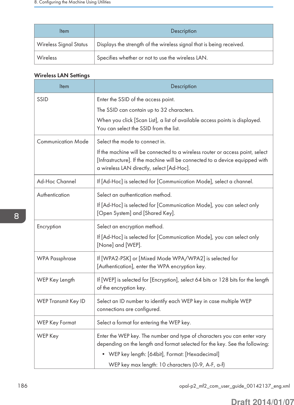 Item DescriptionWireless Signal Status Displays the strength of the wireless signal that is being received.Wireless Specifies whether or not to use the wireless LAN.Wireless LAN SettingsItem DescriptionSSID Enter the SSID of the access point.The SSID can contain up to 32 characters.When you click [Scan List], a list of available access points is displayed.You can select the SSID from the list.Communication Mode Select the mode to connect in.If the machine will be connected to a wireless router or access point, select[Infrastructure]. If the machine will be connected to a device equipped witha wireless LAN directly, select [Ad-Hoc].Ad-Hoc Channel If [Ad-Hoc] is selected for [Communication Mode], select a channel.Authentication Select an authentication method.If [Ad-Hoc] is selected for [Communication Mode], you can select only[Open System] and [Shared Key].Encryption Select an encryption method.If [Ad-Hoc] is selected for [Communication Mode], you can select only[None] and [WEP].WPA Passphrase If [WPA2-PSK] or [Mixed Mode WPA/WPA2] is selected for[Authentication], enter the WPA encryption key.WEP Key Length If [WEP] is selected for [Encryption], select 64 bits or 128 bits for the lengthof the encryption key.WEP Transmit Key ID Select an ID number to identify each WEP key in case multiple WEPconnections are configured.WEP Key Format Select a format for entering the WEP key.WEP Key Enter the WEP key. The number and type of characters you can enter varydepending on the length and format selected for the key. See the following:• WEP key length: [64bit], Format: [Hexadecimal]WEP key max length: 10 characters (0-9, A-F, a-f)8. Configuring the Machine Using Utilities186 opal-p2_mf2_com_user_guide_00142137_eng.xmlDraft 2014/01/07