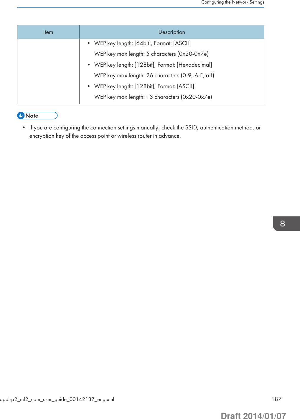 Item Description• WEP key length: [64bit], Format: [ASCII]WEP key max length: 5 characters (0x20-0x7e)• WEP key length: [128bit], Format: [Hexadecimal]WEP key max length: 26 characters (0-9, A-F, a-f)• WEP key length: [128bit], Format: [ASCII]WEP key max length: 13 characters (0x20-0x7e)• If you are configuring the connection settings manually, check the SSID, authentication method, orencryption key of the access point or wireless router in advance.Configuring the Network Settingsopal-p2_mf2_com_user_guide_00142137_eng.xml 187Draft 2014/01/07