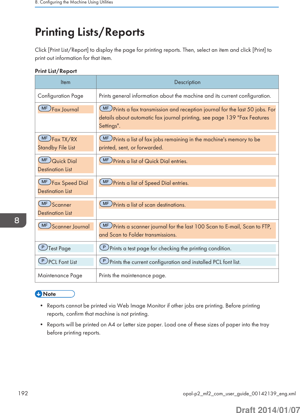 Printing Lists/ReportsClick [Print List/Report] to display the page for printing reports. Then, select an item and click [Print] toprint out information for that item.Print List/ReportItem DescriptionConfiguration Page Prints general information about the machine and its current configuration.MFFax JournalMFPrints a fax transmission and reception journal for the last 50 jobs. Fordetails about automatic fax journal printing, see page 139 &quot;Fax FeaturesSettings&quot;.MFFax TX/RXStandby File ListMFPrints a list of fax jobs remaining in the machine&apos;s memory to beprinted, sent, or forwarded.MFQuick DialDestination ListMFPrints a list of Quick Dial entries.MFFax Speed DialDestination ListMFPrints a list of Speed Dial entries.MFScannerDestination ListMFPrints a list of scan destinations.MFScanner JournalMFPrints a scanner journal for the last 100 Scan to E-mail, Scan to FTP,and Scan to Folder transmissions.PTest PagePPrints a test page for checking the printing condition.PPCL Font ListPPrints the current configuration and installed PCL font list.Maintenance Page Prints the maintenance page.• Reports cannot be printed via Web Image Monitor if other jobs are printing. Before printingreports, confirm that machine is not printing.• Reports will be printed on A4 or Letter size paper. Load one of these sizes of paper into the traybefore printing reports.8. Configuring the Machine Using Utilities192 opal-p2_mf2_com_user_guide_00142139_eng.xmlDraft 2014/01/07