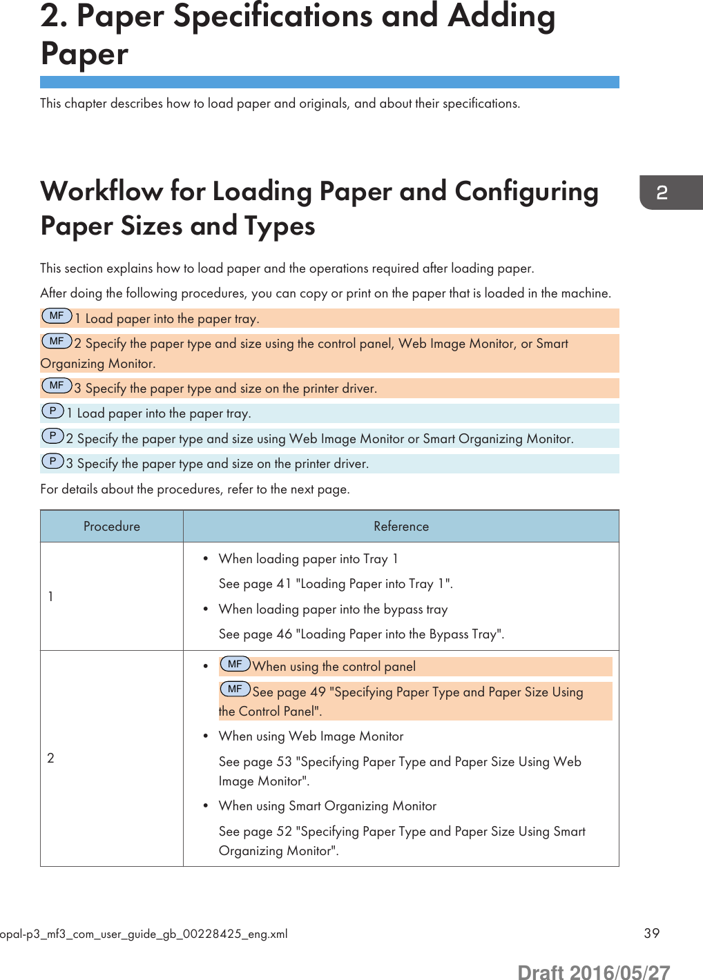 2. Paper Specifications and AddingPaperThis chapter describes how to load paper and originals, and about their specifications.Workflow for Loading Paper and ConfiguringPaper Sizes and TypesThis section explains how to load paper and the operations required after loading paper.After doing the following procedures, you can copy or print on the paper that is loaded in the machine.MF1 Load paper into the paper tray.MF2 Specify the paper type and size using the control panel, Web Image Monitor, or SmartOrganizing Monitor.MF3 Specify the paper type and size on the printer driver.P1 Load paper into the paper tray.P2 Specify the paper type and size using Web Image Monitor or Smart Organizing Monitor.P3 Specify the paper type and size on the printer driver.For details about the procedures, refer to the next page.Procedure Reference1• When loading paper into Tray 1See page 41 &quot;Loading Paper into Tray 1&quot;.• When loading paper into the bypass traySee page 46 &quot;Loading Paper into the Bypass Tray&quot;.2•MFWhen using the control panelMFSee page 49 &quot;Specifying Paper Type and Paper Size Usingthe Control Panel&quot;.• When using Web Image MonitorSee page 53 &quot;Specifying Paper Type and Paper Size Using WebImage Monitor&quot;.• When using Smart Organizing MonitorSee page 52 &quot;Specifying Paper Type and Paper Size Using SmartOrganizing Monitor&quot;.opal-p3_mf3_com_user_guide_gb_00228425_eng.xml 39Draft 2016/05/27