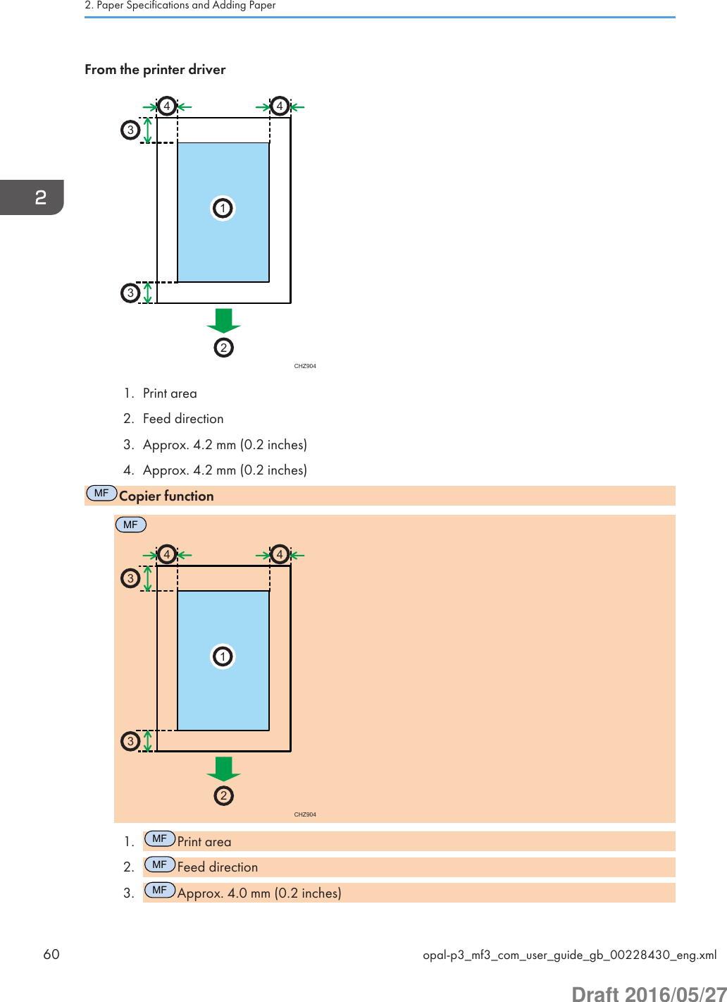 From the printer driverCHZ9042331441. Print area2. Feed direction3. Approx. 4.2 mm (0.2 inches)4. Approx. 4.2 mm (0.2 inches)MFCopier functionMFCHZ9042331441.MFPrint area2.MFFeed direction3.MFApprox. 4.0 mm (0.2 inches)2. Paper Specifications and Adding Paper60 opal-p3_mf3_com_user_guide_gb_00228430_eng.xmlDraft 2016/05/27