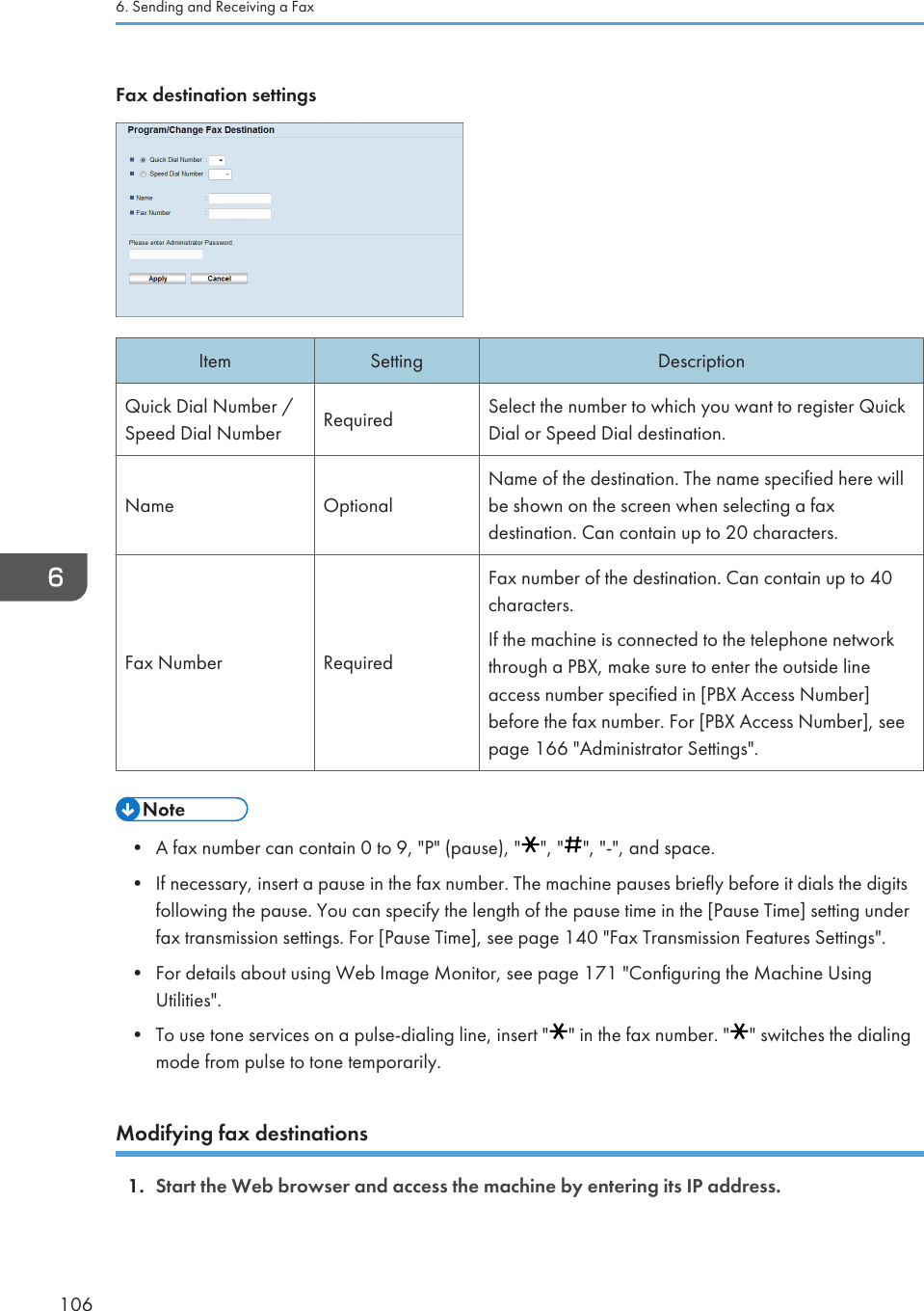 Fax destination settingsItem Setting DescriptionQuick Dial Number /Speed Dial Number Required Select the number to which you want to register QuickDial or Speed Dial destination.Name OptionalName of the destination. The name specified here willbe shown on the screen when selecting a faxdestination. Can contain up to 20 characters.Fax Number RequiredFax number of the destination. Can contain up to 40characters.If the machine is connected to the telephone networkthrough a PBX, make sure to enter the outside lineaccess number specified in [PBX Access Number]before the fax number. For [PBX Access Number], seepage 166 &quot;Administrator Settings&quot;.• A fax number can contain 0 to 9, &quot;P&quot; (pause), &quot; &quot;, &quot; &quot;, &quot;-&quot;, and space.•If necessary, insert a pause in the fax number. The machine pauses briefly before it dials the digitsfollowing the pause. You can specify the length of the pause time in the [Pause Time] setting underfax transmission settings. For [Pause Time], see page 140 &quot;Fax Transmission Features Settings&quot;.• For details about using Web Image Monitor, see page 171 &quot;Configuring the Machine UsingUtilities&quot;.• To use tone services on a pulse-dialing line, insert &quot; &quot; in the fax number. &quot; &quot; switches the dialingmode from pulse to tone temporarily.Modifying fax destinations1. Start the Web browser and access the machine by entering its IP address.6. Sending and Receiving a Fax106