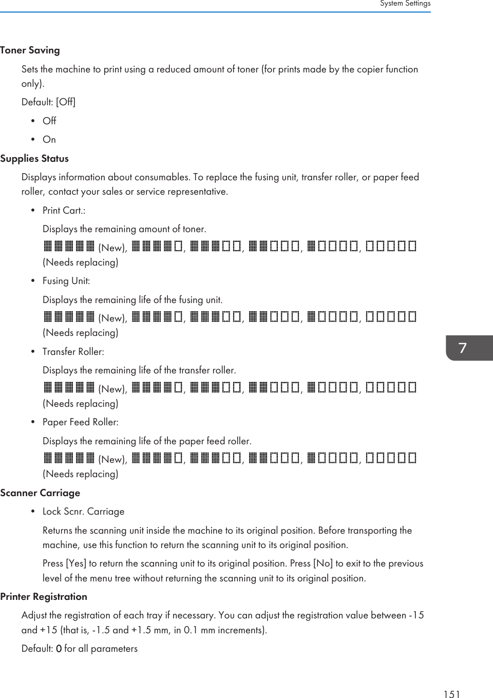 Toner SavingSets the machine to print using a reduced amount of toner (for prints made by the copier functiononly).Default: [Off]•Off• OnSupplies StatusDisplays information about consumables. To replace the fusing unit, transfer roller, or paper feedroller, contact your sales or service representative.• Print Cart.:Displays the remaining amount of toner. (New),  ,  ,  ,  , (Needs replacing)•Fusing Unit:Displays the remaining life of the fusing unit. (New),  ,  ,  ,  , (Needs replacing)•Transfer Roller:Displays the remaining life of the transfer roller. (New),  ,  ,  ,  , (Needs replacing)•Paper Feed Roller:Displays the remaining life of the paper feed roller. (New),  ,  ,  ,  , (Needs replacing)Scanner Carriage•Lock Scnr. CarriageReturns the scanning unit inside the machine to its original position. Before transporting themachine, use this function to return the scanning unit to its original position.Press [Yes] to return the scanning unit to its original position. Press [No] to exit to the previouslevel of the menu tree without returning the scanning unit to its original position.Printer RegistrationAdjust the registration of each tray if necessary. You can adjust the registration value between -15and +15 (that is, -1.5 and +1.5 mm, in 0.1 mm increments).Default: 0 for all parametersSystem Settings151