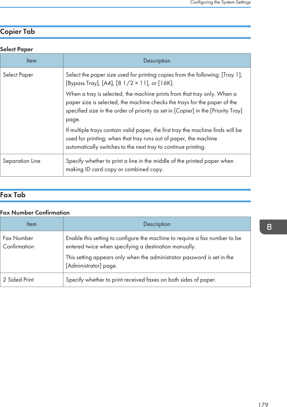 Copier TabSelect PaperItem DescriptionSelect Paper Select the paper size used for printing copies from the following: [Tray 1],[Bypass Tray], [A4], [8 1/2 × 11], or [16K].When a tray is selected, the machine prints from that tray only. When apaper size is selected, the machine checks the trays for the paper of thespecified size in the order of priority as set in [Copier] in the [Priority Tray]page.If multiple trays contain valid paper, the first tray the machine finds will beused for printing; when that tray runs out of paper, the machineautomatically switches to the next tray to continue printing.Separation Line Specify whether to print a line in the middle of the printed paper whenmaking ID card copy or combined copy.Fax TabFax Number ConfirmationItem DescriptionFax NumberConfirmationEnable this setting to configure the machine to require a fax number to beentered twice when specifying a destination manually.This setting appears only when the administrator password is set in the[Administrator] page.2 Sided Print Specify whether to print received faxes on both sides of paper.Configuring the System Settings179