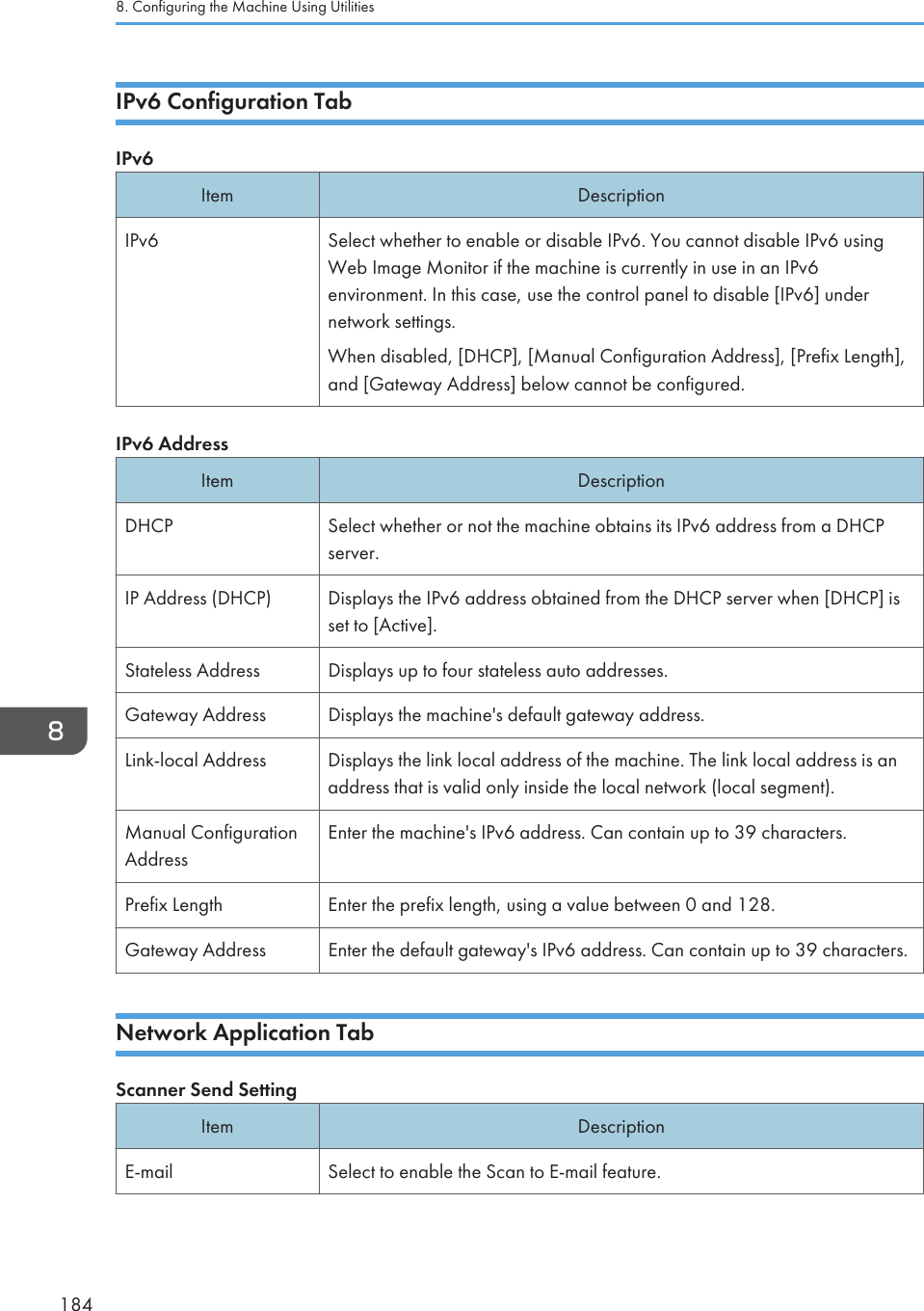 IPv6 Configuration TabIPv6Item DescriptionIPv6 Select whether to enable or disable IPv6. You cannot disable IPv6 usingWeb Image Monitor if the machine is currently in use in an IPv6environment. In this case, use the control panel to disable [IPv6] undernetwork settings.When disabled, [DHCP], [Manual Configuration Address], [Prefix Length],and [Gateway Address] below cannot be configured.IPv6 AddressItem DescriptionDHCP Select whether or not the machine obtains its IPv6 address from a DHCPserver.IP Address (DHCP) Displays the IPv6 address obtained from the DHCP server when [DHCP] isset to [Active].Stateless Address Displays up to four stateless auto addresses.Gateway Address Displays the machine&apos;s default gateway address.Link-local Address Displays the link local address of the machine. The link local address is anaddress that is valid only inside the local network (local segment).Manual ConfigurationAddressEnter the machine&apos;s IPv6 address. Can contain up to 39 characters.Prefix Length Enter the prefix length, using a value between 0 and 128.Gateway Address Enter the default gateway&apos;s IPv6 address. Can contain up to 39 characters.Network Application TabScanner Send SettingItem DescriptionE-mail Select to enable the Scan to E-mail feature.8. Configuring the Machine Using Utilities184