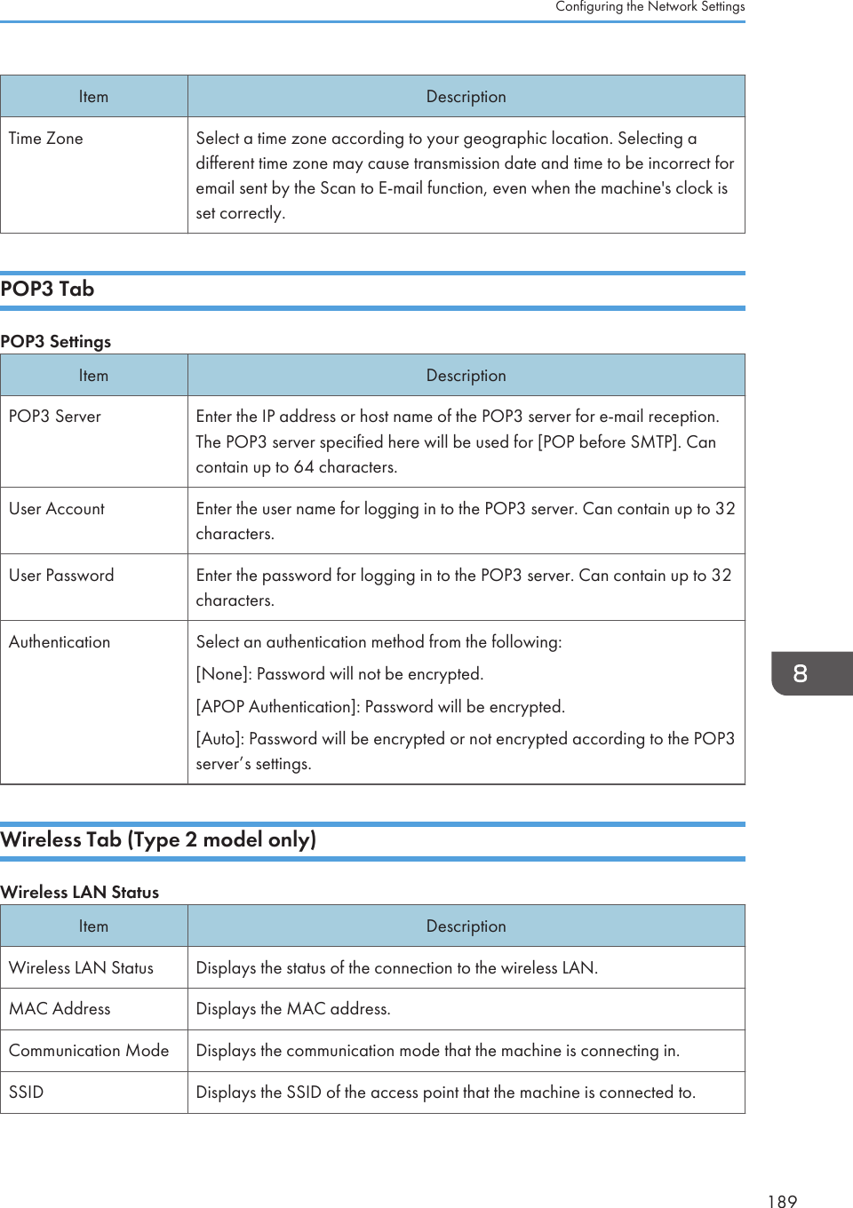 Item DescriptionTime Zone Select a time zone according to your geographic location. Selecting adifferent time zone may cause transmission date and time to be incorrect foremail sent by the Scan to E-mail function, even when the machine&apos;s clock isset correctly.POP3 TabPOP3 SettingsItem DescriptionPOP3 Server Enter the IP address or host name of the POP3 server for e-mail reception.The POP3 server specified here will be used for [POP before SMTP]. Cancontain up to 64 characters.User Account Enter the user name for logging in to the POP3 server. Can contain up to 32characters.User Password Enter the password for logging in to the POP3 server. Can contain up to 32characters.Authentication Select an authentication method from the following:[None]: Password will not be encrypted.[APOP Authentication]: Password will be encrypted.[Auto]: Password will be encrypted or not encrypted according to the POP3server’s settings.Wireless Tab (Type 2 model only)Wireless LAN StatusItem DescriptionWireless LAN Status Displays the status of the connection to the wireless LAN.MAC Address Displays the MAC address.Communication Mode Displays the communication mode that the machine is connecting in.SSID Displays the SSID of the access point that the machine is connected to.Configuring the Network Settings189