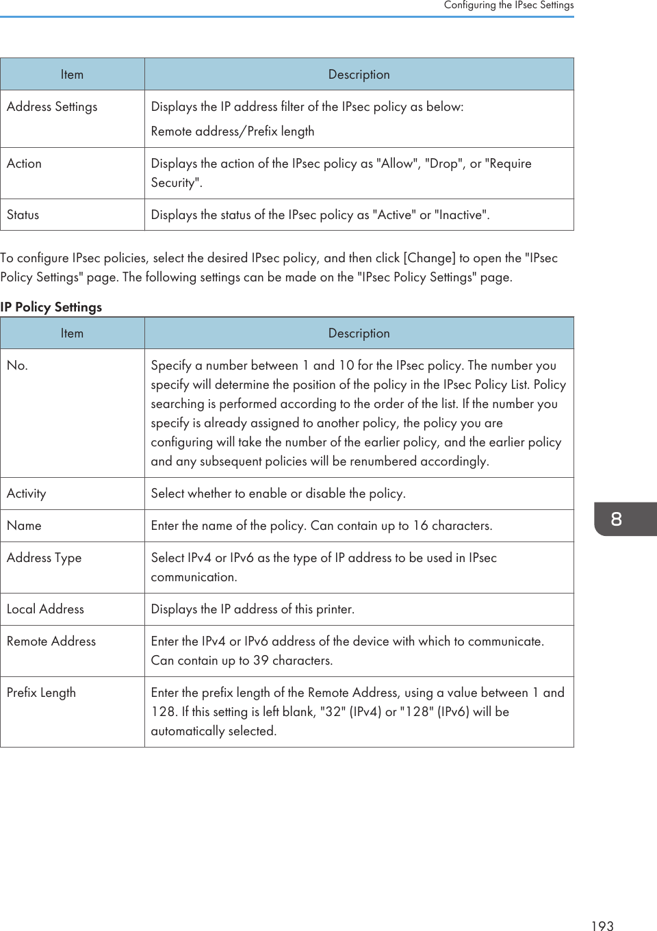Item DescriptionAddress Settings Displays the IP address filter of the IPsec policy as below:Remote address/Prefix lengthAction Displays the action of the IPsec policy as &quot;Allow&quot;, &quot;Drop&quot;, or &quot;RequireSecurity&quot;.Status Displays the status of the IPsec policy as &quot;Active&quot; or &quot;Inactive&quot;.To configure IPsec policies, select the desired IPsec policy, and then click [Change] to open the &quot;IPsecPolicy Settings&quot; page. The following settings can be made on the &quot;IPsec Policy Settings&quot; page.IP Policy SettingsItem DescriptionNo. Specify a number between 1 and 10 for the IPsec policy. The number youspecify will determine the position of the policy in the IPsec Policy List. Policysearching is performed according to the order of the list. If the number youspecify is already assigned to another policy, the policy you areconfiguring will take the number of the earlier policy, and the earlier policyand any subsequent policies will be renumbered accordingly.Activity Select whether to enable or disable the policy.Name Enter the name of the policy. Can contain up to 16 characters.Address Type Select IPv4 or IPv6 as the type of IP address to be used in IPseccommunication.Local Address Displays the IP address of this printer.Remote Address Enter the IPv4 or IPv6 address of the device with which to communicate.Can contain up to 39 characters.Prefix Length Enter the prefix length of the Remote Address, using a value between 1 and128. If this setting is left blank, &quot;32&quot; (IPv4) or &quot;128&quot; (IPv6) will beautomatically selected.Configuring the IPsec Settings193