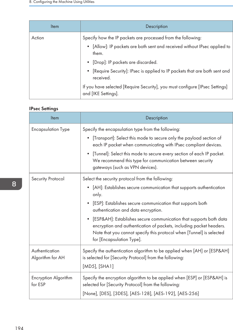Item DescriptionAction Specify how the IP packets are processed from the following:•[Allow]: IP packets are both sent and received without IPsec applied tothem.• [Drop]: IP packets are discarded.• [Require Security]: IPsec is applied to IP packets that are both sent andreceived.If you have selected [Require Security], you must configure [IPsec Settings]and [IKE Settings].IPsec SettingsItem DescriptionEncapsulation Type Specify the encapsulation type from the following:•[Transport]: Select this mode to secure only the payload section ofeach IP packet when communicating with IPsec compliant devices.• [Tunnel]: Select this mode to secure every section of each IP packet.We recommend this type for communication between securitygateways (such as VPN devices).Security Protocol Select the security protocol from the following:•[AH]: Establishes secure communication that supports authenticationonly.• [ESP]: Establishes secure communication that supports bothauthentication and data encryption.• [ESP&amp;AH]: Establishes secure communication that supports both dataencryption and authentication of packets, including packet headers.Note that you cannot specify this protocol when [Tunnel] is selectedfor [Encapsulation Type].AuthenticationAlgorithm for AHSpecify the authentication algorithm to be applied when [AH] or [ESP&amp;AH]is selected for [Security Protocol] from the following:[MD5], [SHA1]Encryption Algorithmfor ESPSpecify the encryption algorithm to be applied when [ESP] or [ESP&amp;AH] isselected for [Security Protocol] from the following:[None], [DES], [3DES], [AES-128], [AES-192], [AES-256]8. Configuring the Machine Using Utilities194