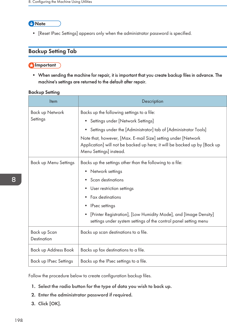 • [Reset IPsec Settings] appears only when the administrator password is specified.Backup Setting Tab• When sending the machine for repair, it is important that you create backup files in advance. Themachine&apos;s settings are returned to the default after repair.Backup SettingItem DescriptionBack up NetworkSettingsBacks up the following settings to a file:•Settings under [Network Settings]• Settings under the [Administrator] tab of [Administrator Tools]Note that, however, [Max. E-mail Size] setting under [NetworkApplication] will not be backed up here; it will be backed up by [Back upMenu Settings] instead.Back up Menu Settings Backs up the settings other than the following to a file:•Network settings• Scan destinations• User restriction settings• Fax destinations• IPsec settings• [Printer Registration], [Low Humidity Mode], and [Image Density]settings under system settings of the control panel setting menuBack up ScanDestinationBacks up scan destinations to a file.Back up Address Book Backs up fax destinations to a file.Back up IPsec Settings Backs up the IPsec settings to a file.Follow the procedure below to create configuration backup files.1. Select the radio button for the type of data you wish to back up.2. Enter the administrator password if required.3. Click [OK].8. Configuring the Machine Using Utilities198