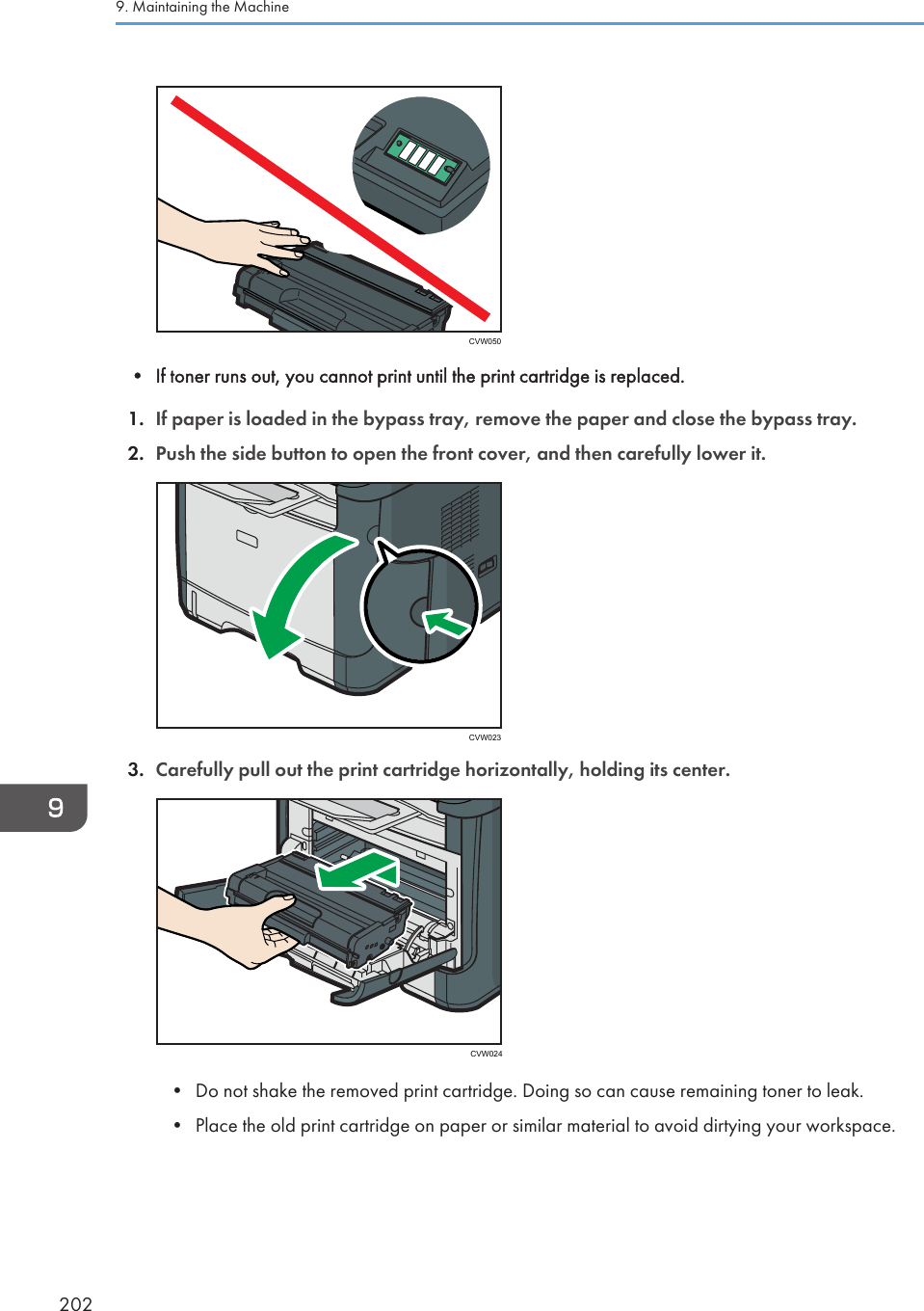 CVW050• If toner runs out, you cannot print until the print cartridge is replaced.1. If paper is loaded in the bypass tray, remove the paper and close the bypass tray.2. Push the side button to open the front cover, and then carefully lower it.CVW0233. Carefully pull out the print cartridge horizontally, holding its center.CVW024• Do not shake the removed print cartridge. Doing so can cause remaining toner to leak.•Place the old print cartridge on paper or similar material to avoid dirtying your workspace.9. Maintaining the Machine202