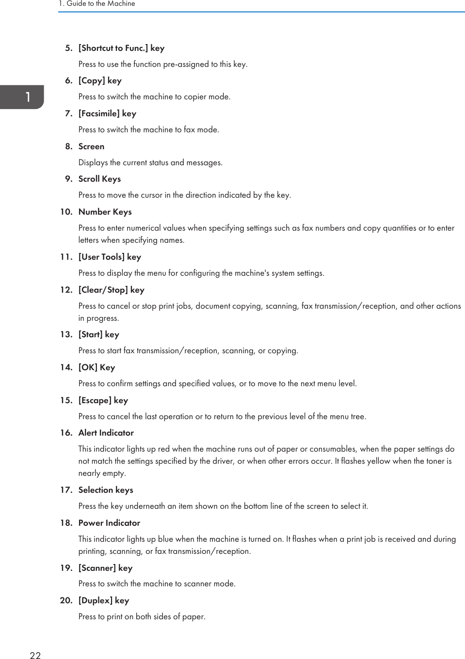 5. [Shortcut to Func.] keyPress to use the function pre-assigned to this key.6. [Copy] keyPress to switch the machine to copier mode.7. [Facsimile] keyPress to switch the machine to fax mode.8. ScreenDisplays the current status and messages.9. Scroll KeysPress to move the cursor in the direction indicated by the key.10. Number KeysPress to enter numerical values when specifying settings such as fax numbers and copy quantities or to enterletters when specifying names.11. [User Tools] keyPress to display the menu for configuring the machine&apos;s system settings.12. [Clear/Stop] keyPress to cancel or stop print jobs, document copying, scanning, fax transmission/reception, and other actionsin progress.13. [Start] keyPress to start fax transmission/reception, scanning, or copying.14. [OK] KeyPress to confirm settings and specified values, or to move to the next menu level.15. [Escape] keyPress to cancel the last operation or to return to the previous level of the menu tree.16. Alert IndicatorThis indicator lights up red when the machine runs out of paper or consumables, when the paper settings donot match the settings specified by the driver, or when other errors occur. It flashes yellow when the toner isnearly empty.17. Selection keysPress the key underneath an item shown on the bottom line of the screen to select it.18. Power IndicatorThis indicator lights up blue when the machine is turned on. It flashes when a print job is received and duringprinting, scanning, or fax transmission/reception.19. [Scanner] keyPress to switch the machine to scanner mode.20. [Duplex] keyPress to print on both sides of paper.1. Guide to the Machine22